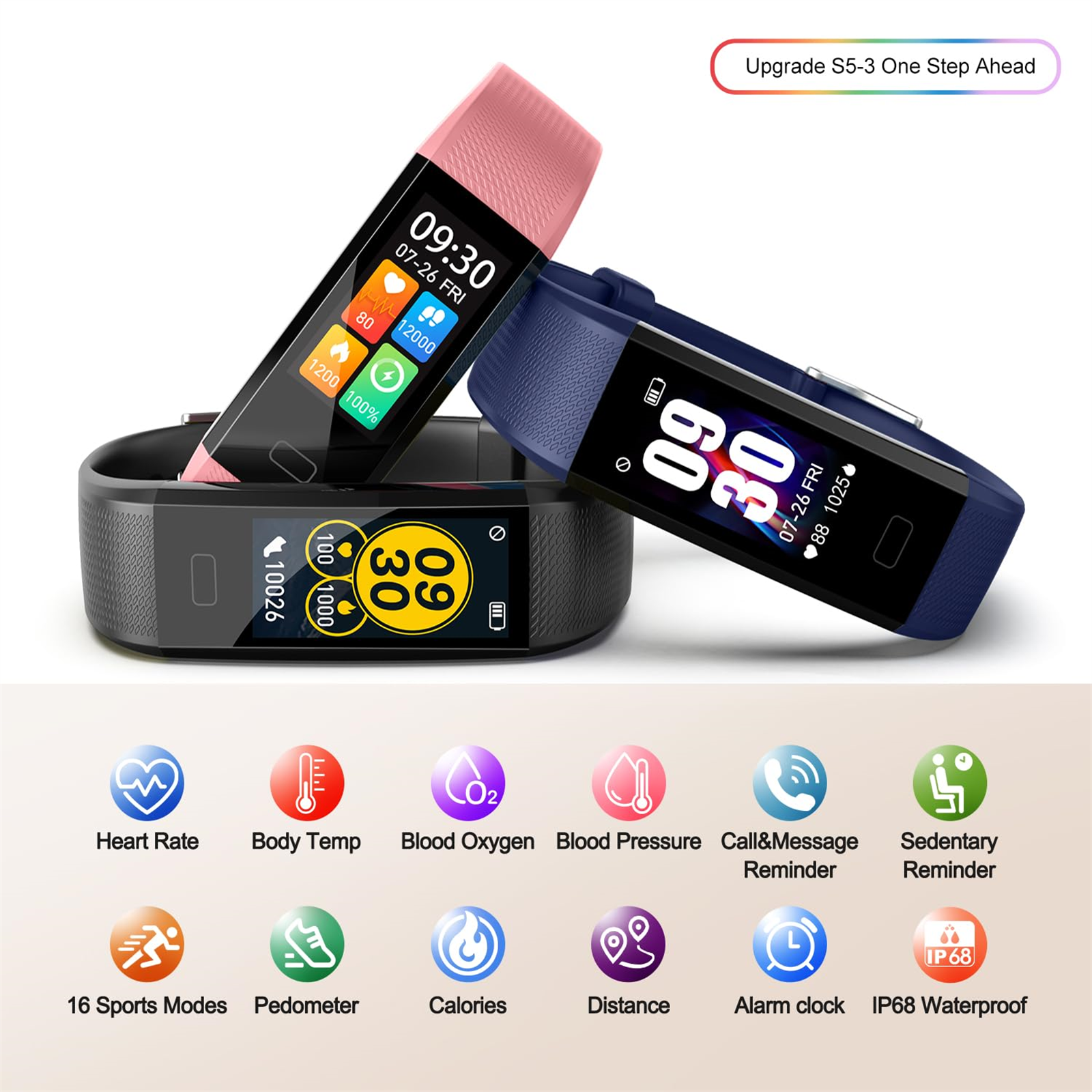 Drei Smartwatches mit Gesundheitsdaten. Icons zeigen Funktionen. Weißer Hintergrund.