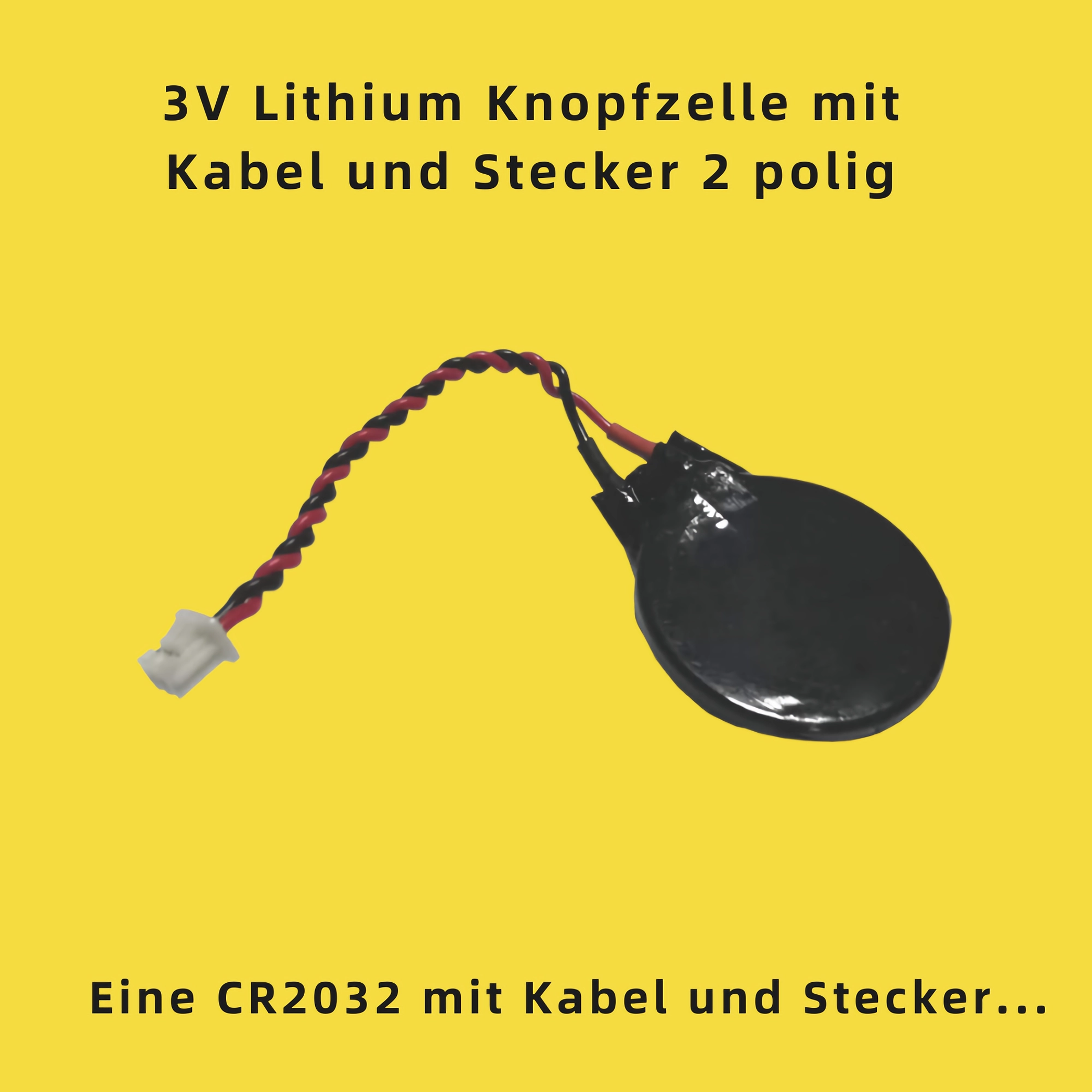 Eine schwarze runde Batterie mit Kabel und Stecker.