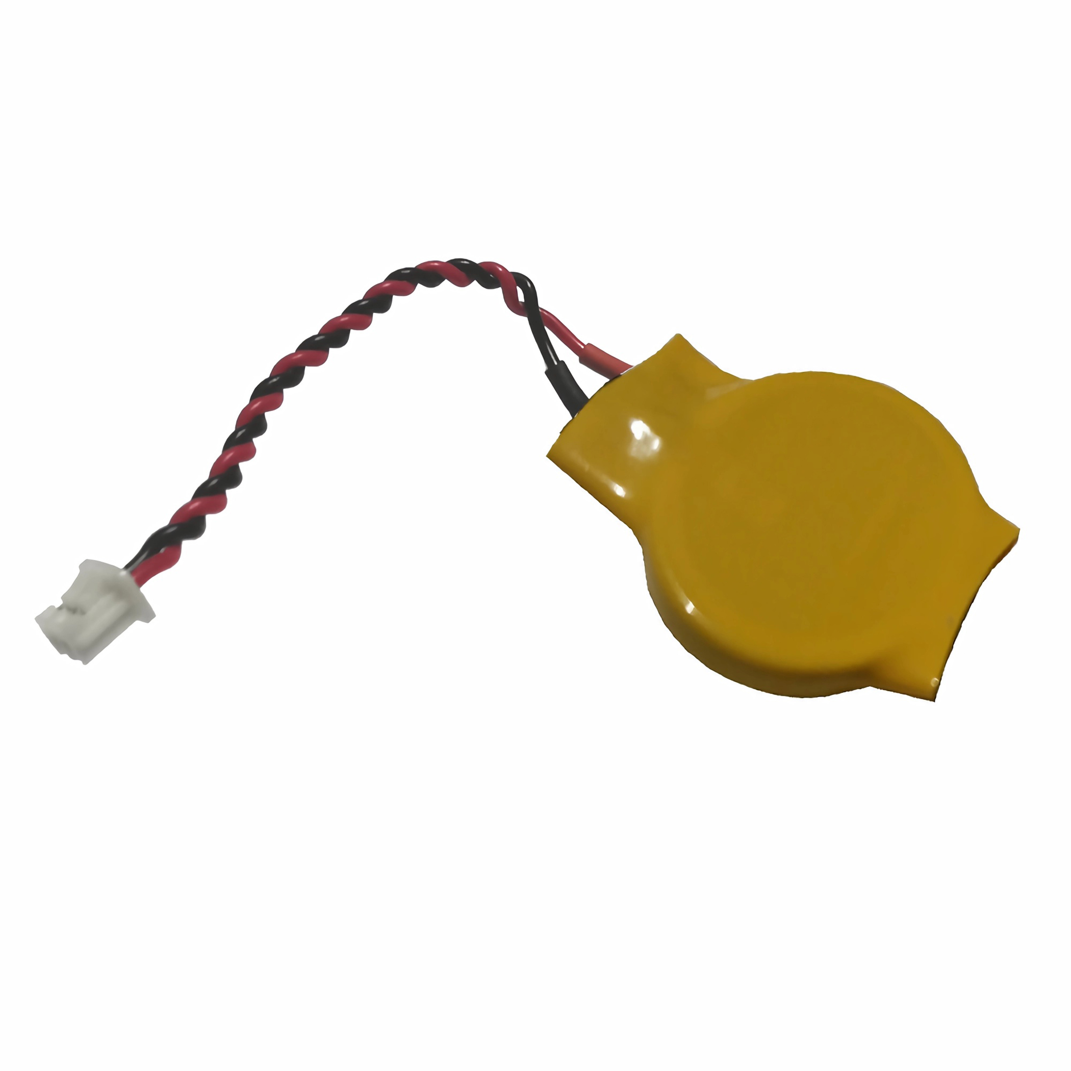Eine kleine gelbe Batterie mit roten und schwarzen Drähten.
