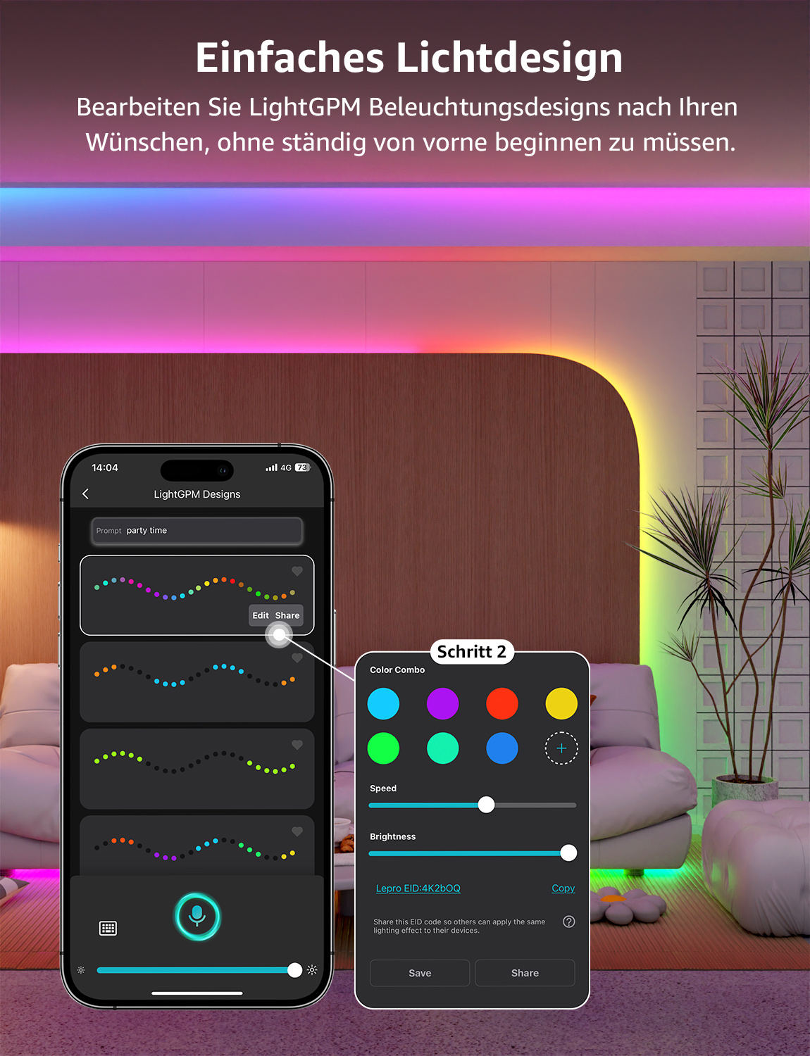 Smartphone-Bildschirm, der eine App-Oberfläche zur Lichtsteuerung mit bunten Lichtern anzeigt.