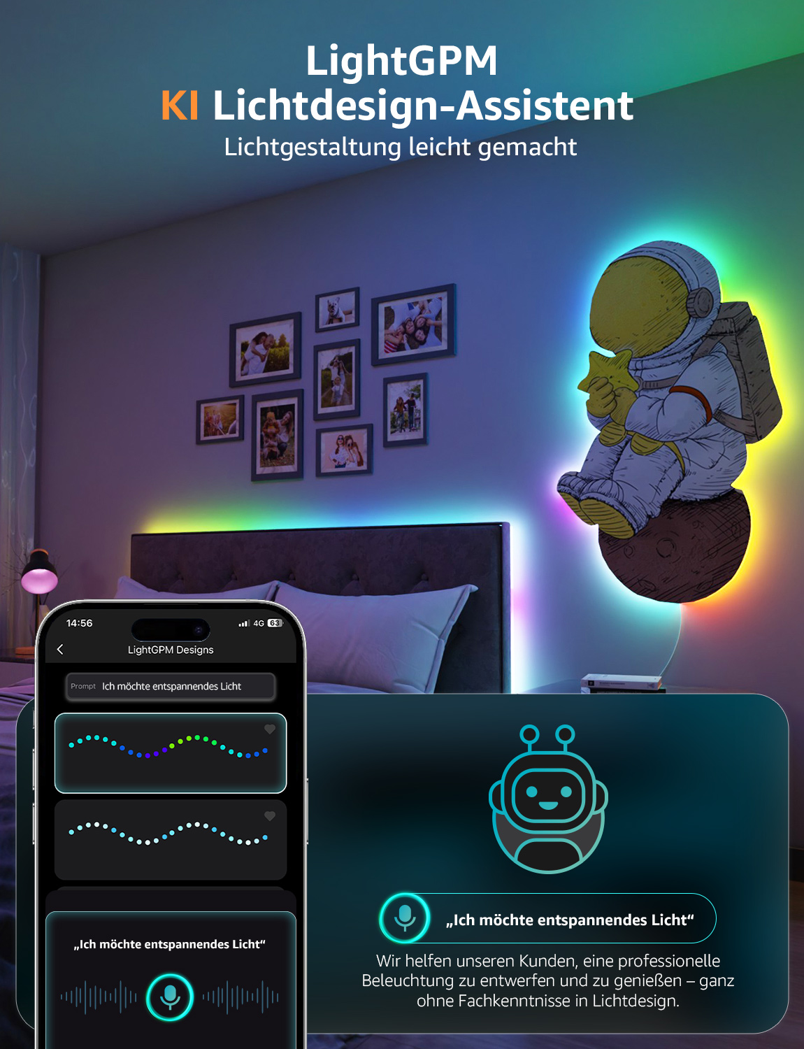 Ein Raum mit LED-Streifenlichtern, einem Astronauten auf einem Mond und einem Telefonbildschirm, der eine Lichtdesign-App zeigt.