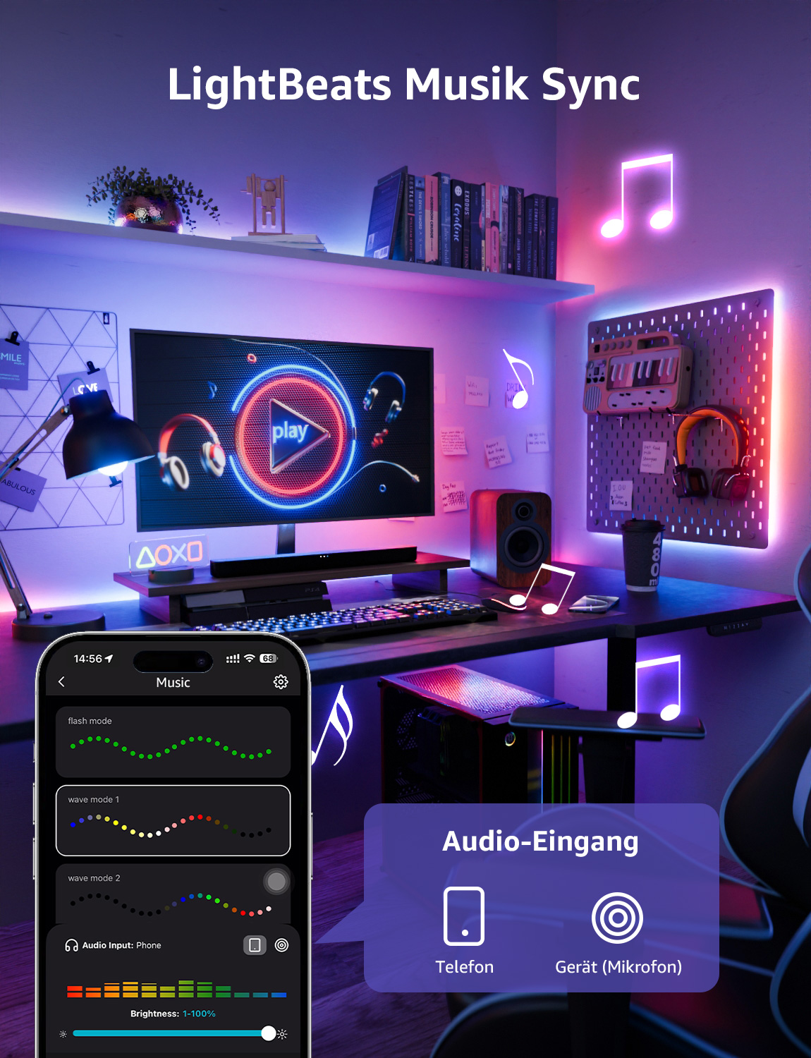 Ein Schreibtisch mit Computer, Telefon und Lichtleiste. Text auf dem Bildschirm: LightBeats Musik Sync.