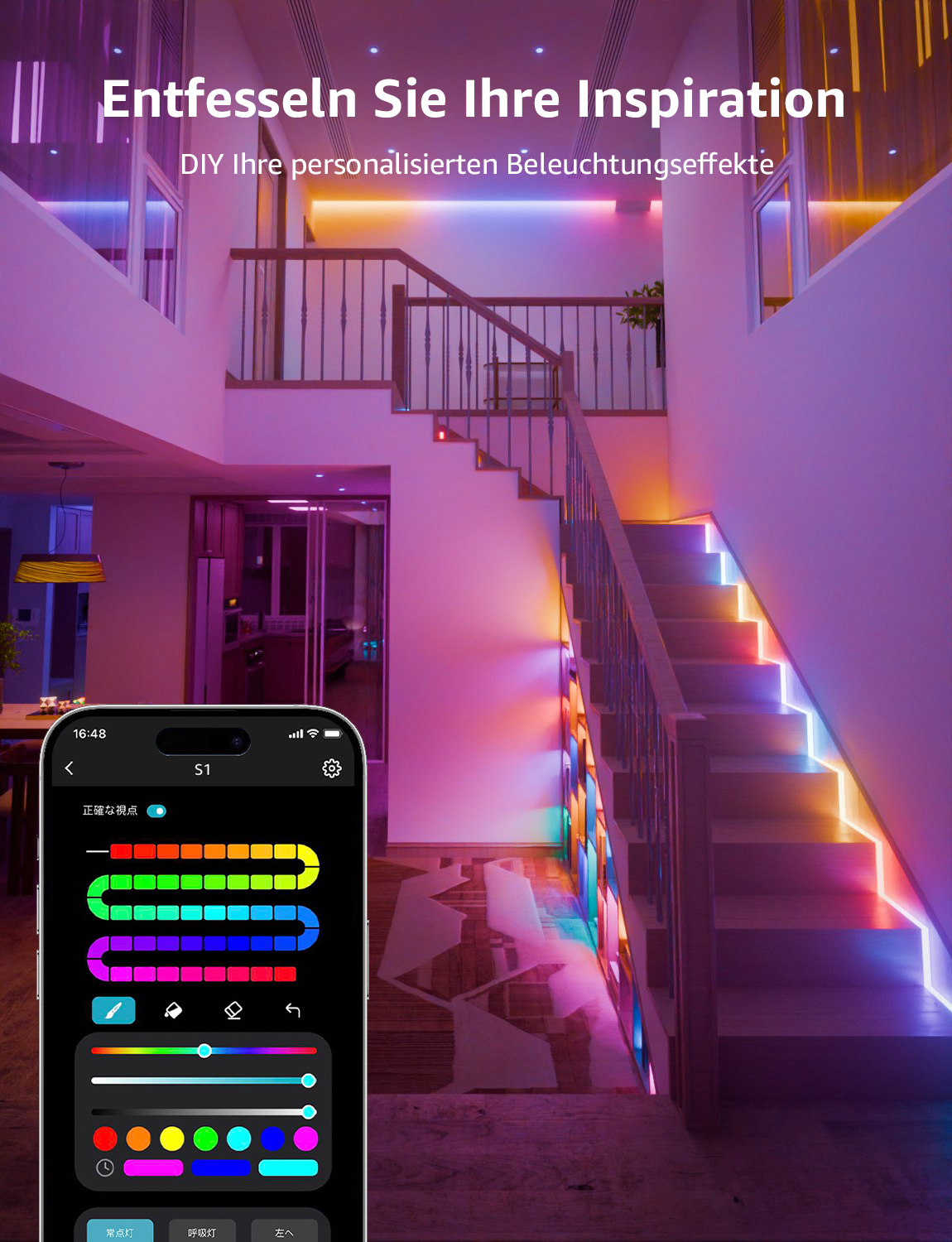 Treppe mit bunten LED-Leuchten. Ein Smartphone zeigt Lichteinstellungen. Modernes Interior Design.