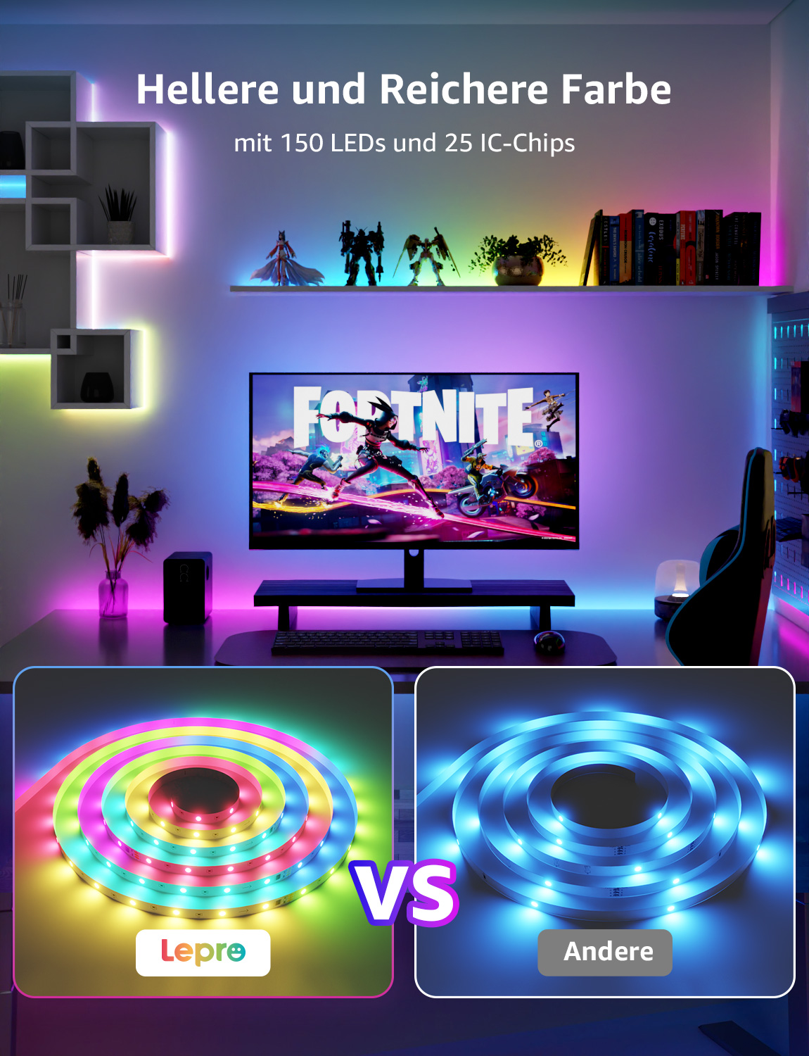 Gaming-Setup mit LED-Streifen. Helle, mehrfarbige Lichter beleuchten Schreibtisch und Monitor.