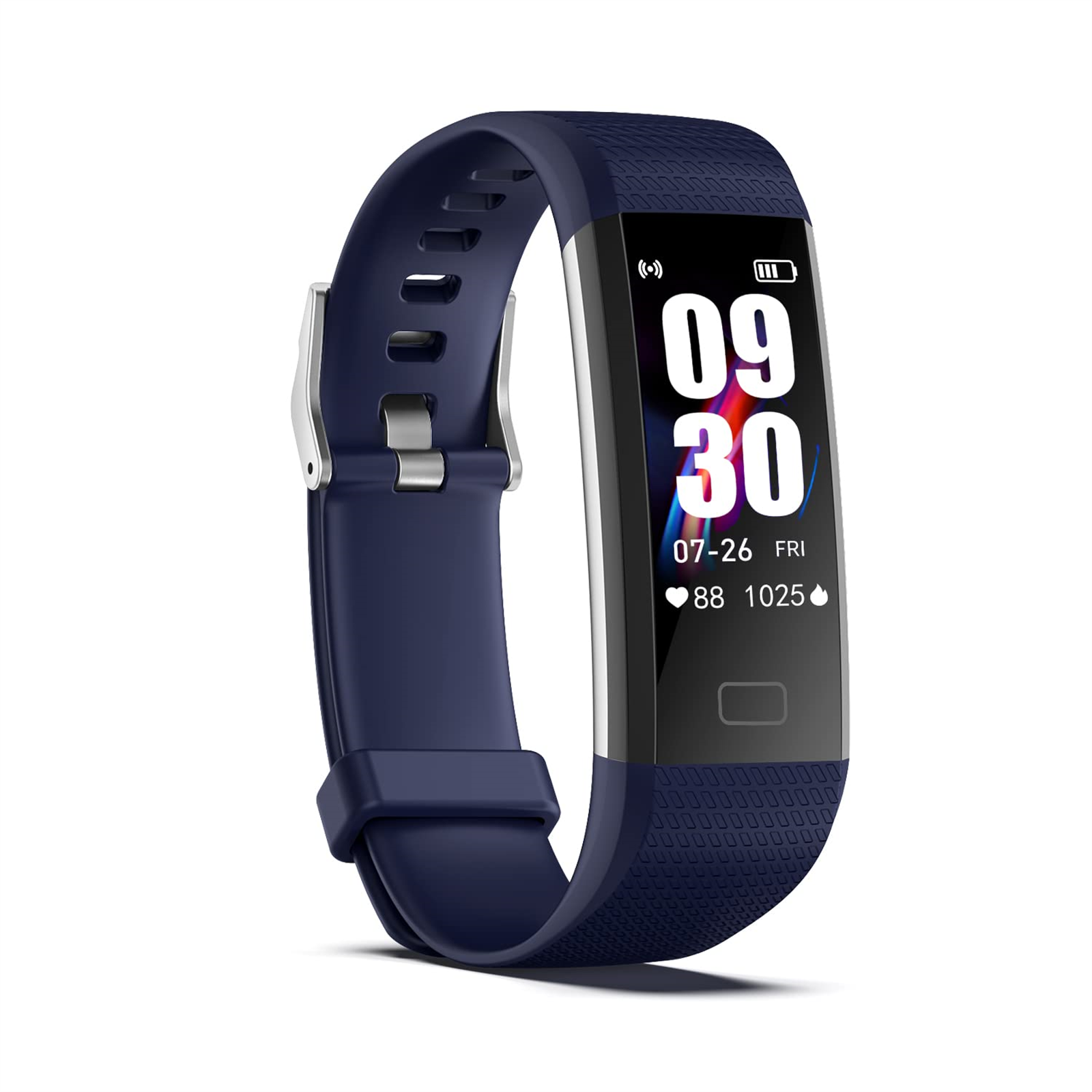 Dunkelblaue Smartwatch mit Anzeige von Uhrzeit und Datum. Sie hat ein blaues Armband.