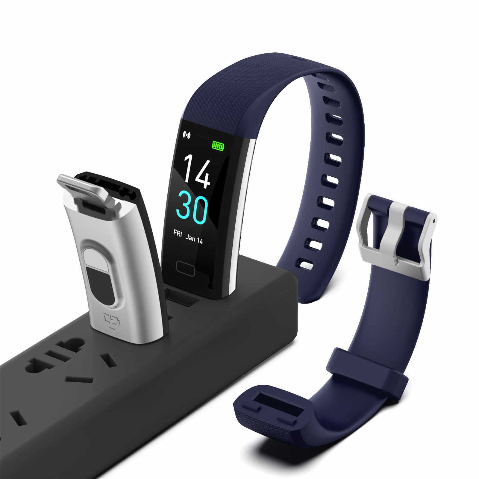 Smartwatch, Ladestation mit zusätzlichem Armband und Steckdose mit Stecker.