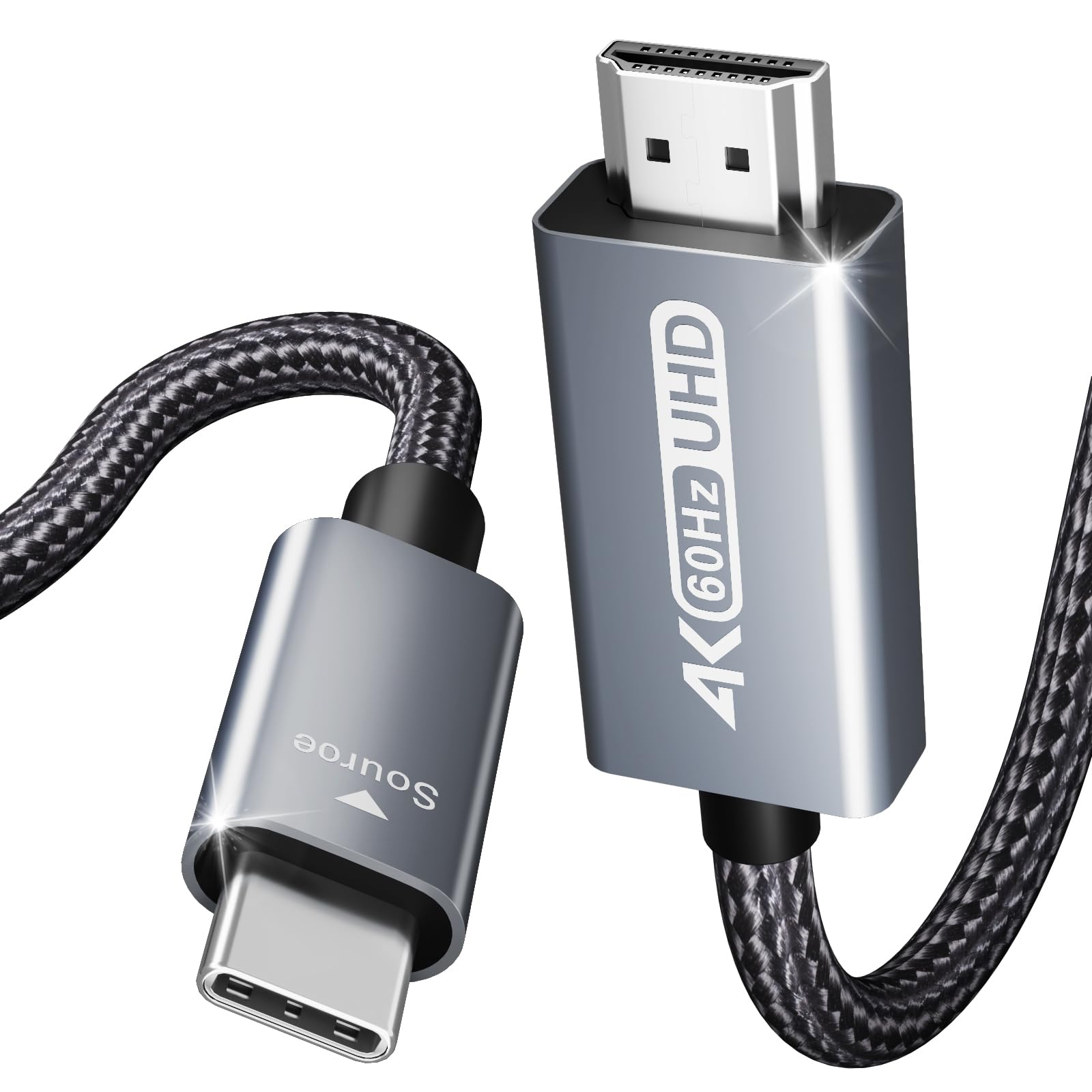 Silbernes USB-C-zu-HDMI-Kabel. USB-C-Ende mit der Aufschrift 'Source'. HDMI-Ende mit '4K 60Hz UHD'.