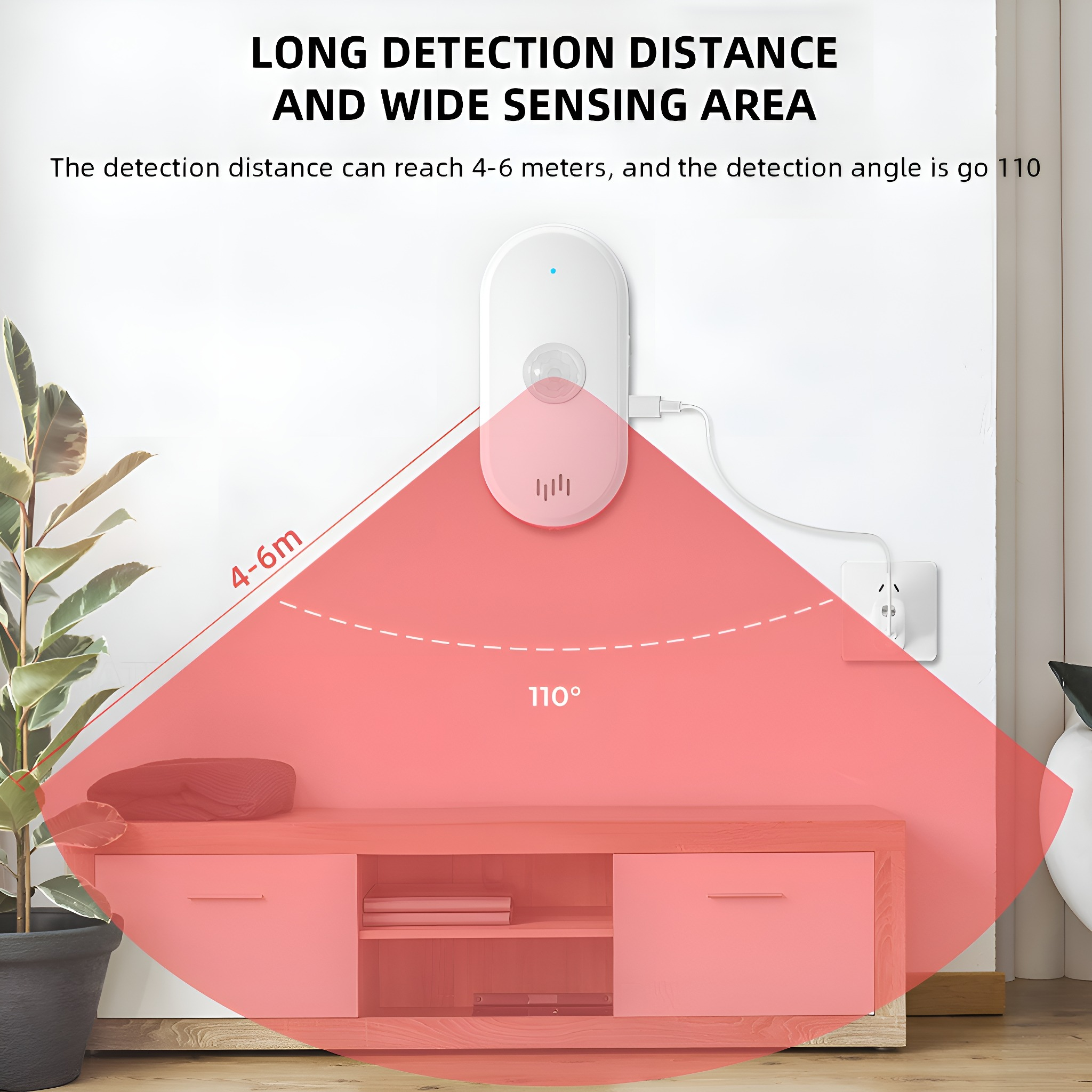 Eine weiße Wand hat einen rosa Sensor. Ein roter Bereich zeigt die Erfassungszone an. Text: LANGE ERKENNUNGSENTFERNUNG UND BREITER ERFASSUNGSBEREICH.