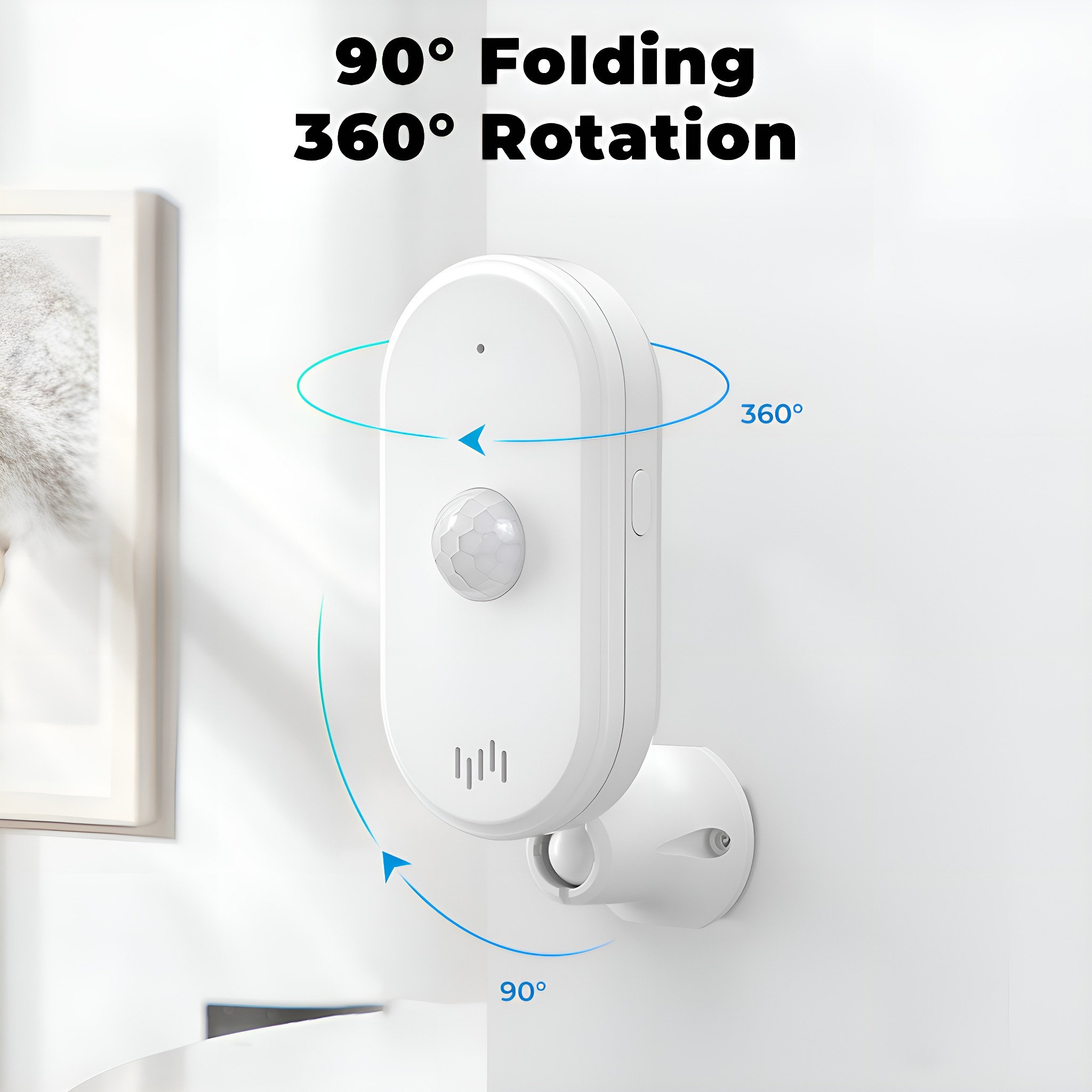 Ein weißer Bewegungssensor mit dem Text '90° Folding 360° Rotation' und Pfeilen, die die Bewegung anzeigen.