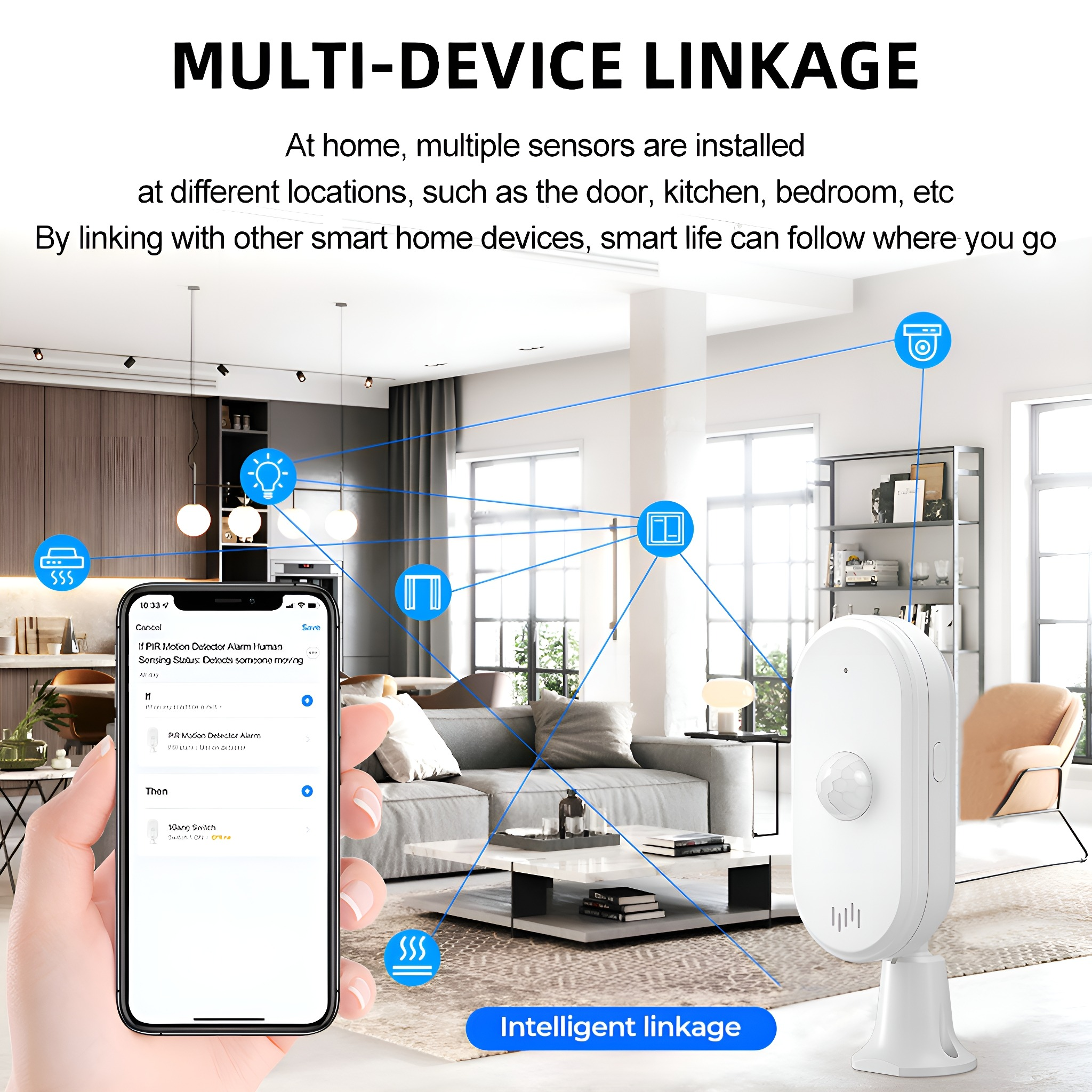 Eine Person verwendet ein Telefon, um ein Smart-Home-Gerät mit anderen Geräten in ihrem Zuhause zu verbinden.