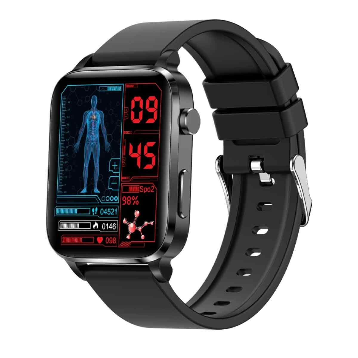 Schwarze Smartwatch mit Gesundheitsmetriken. Zeigt Herzfrequenz, SpO2 und Körperdaten an.