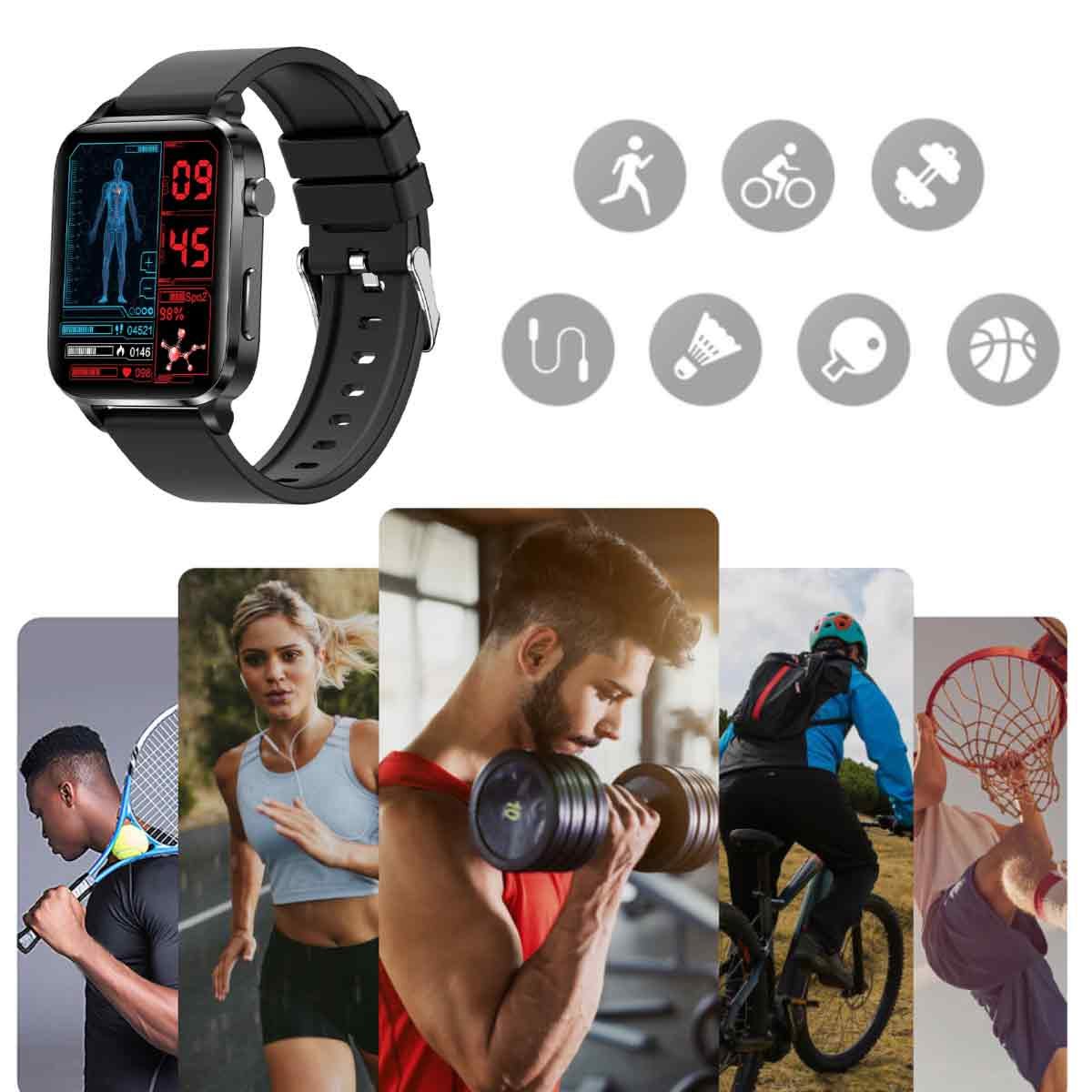 Schwarze Smartwatch zeigt Gesundheitsdaten, neben Sport-Icons und aktiven Menschen.