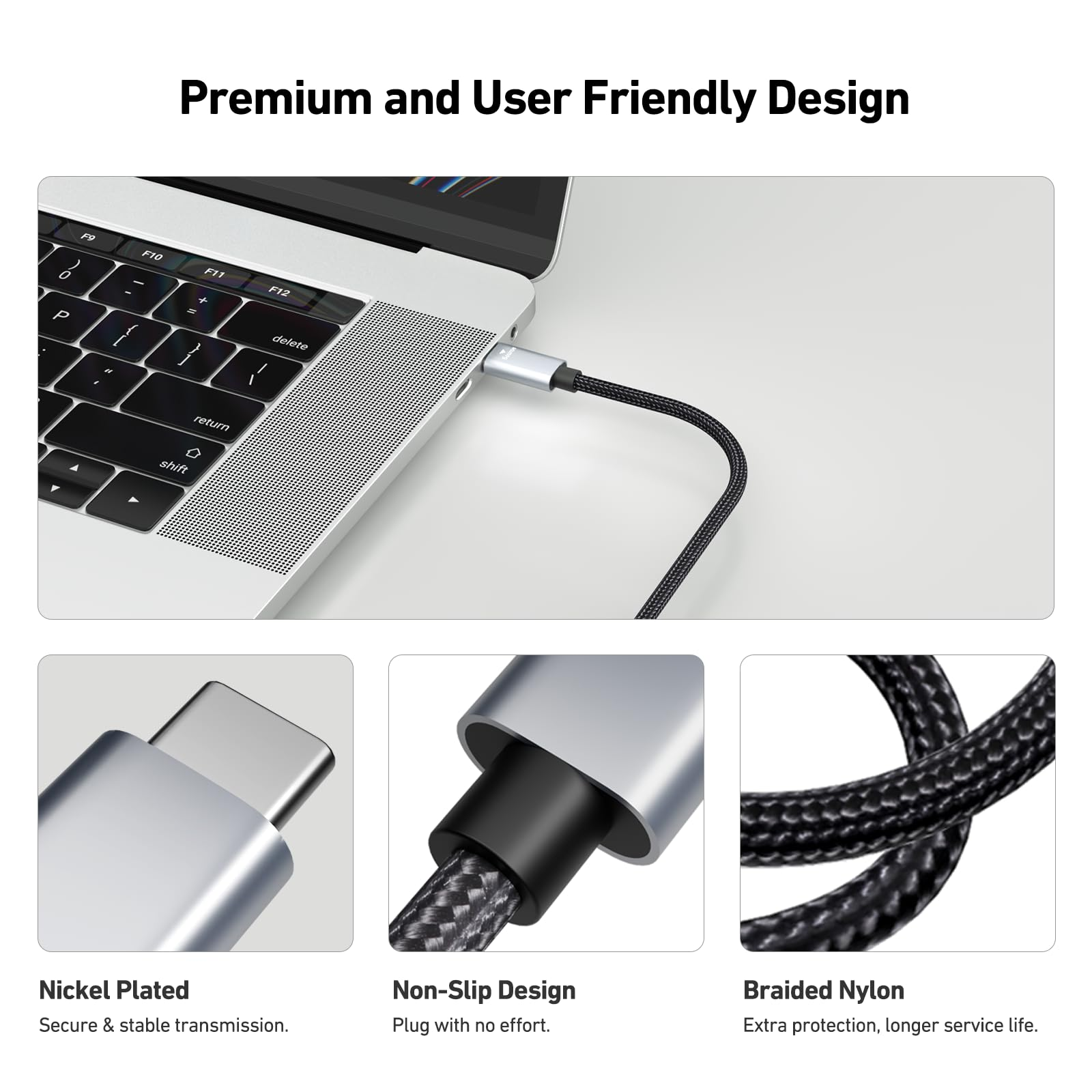 Ein Laptop, der mit einem USB-C-Kabel verbunden ist, mit Nahaufnahmen des Steckers und Kabels.