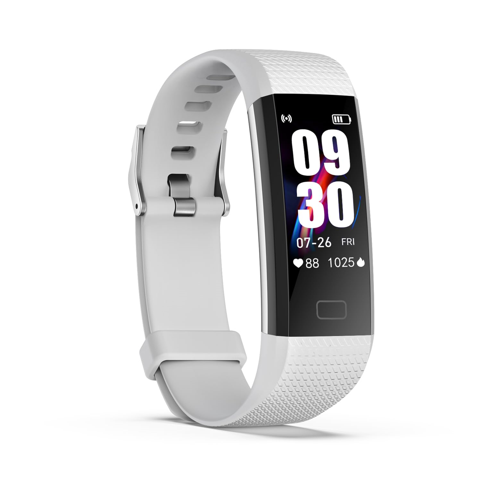 Eine weiße Smartwatch. Der Bildschirm zeigt Datum, Uhrzeit und andere Gesundheitsmetriken.