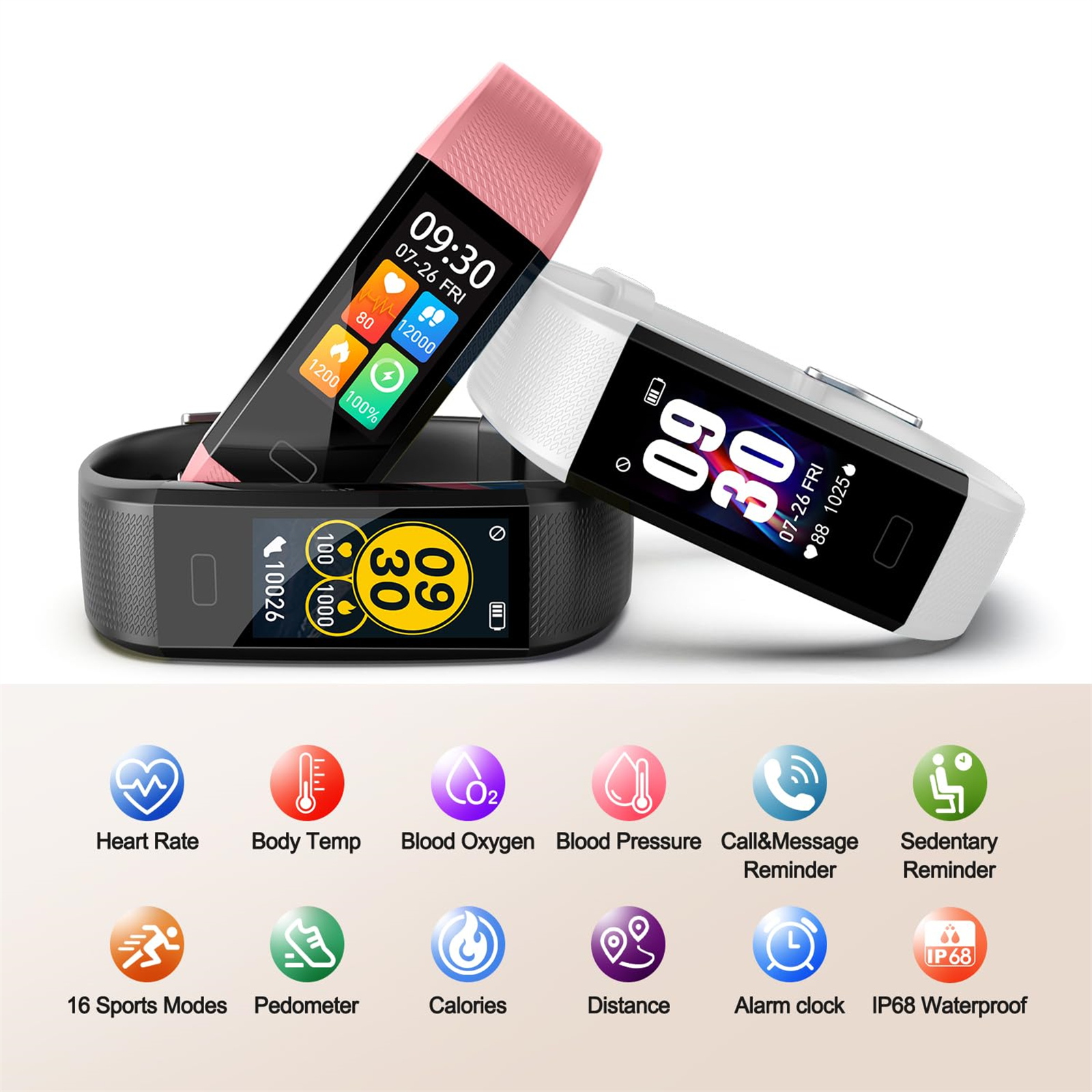 Drei Smartwatches, rosa, weiß und schwarz, zeigen Zeit und Gesundheitsmetriken. Symbole für Herzfrequenz usw.