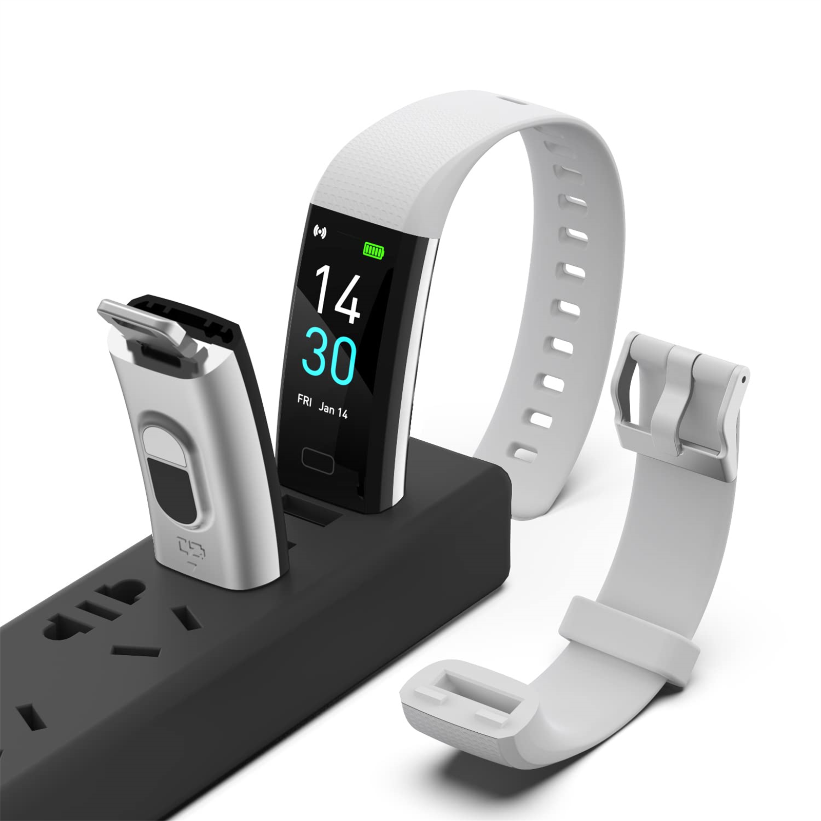 Eine weiße Smartwatch, die an einer schwarzen Steckdosenleiste geladen wird, mit zusätzlichem weißen Armband.