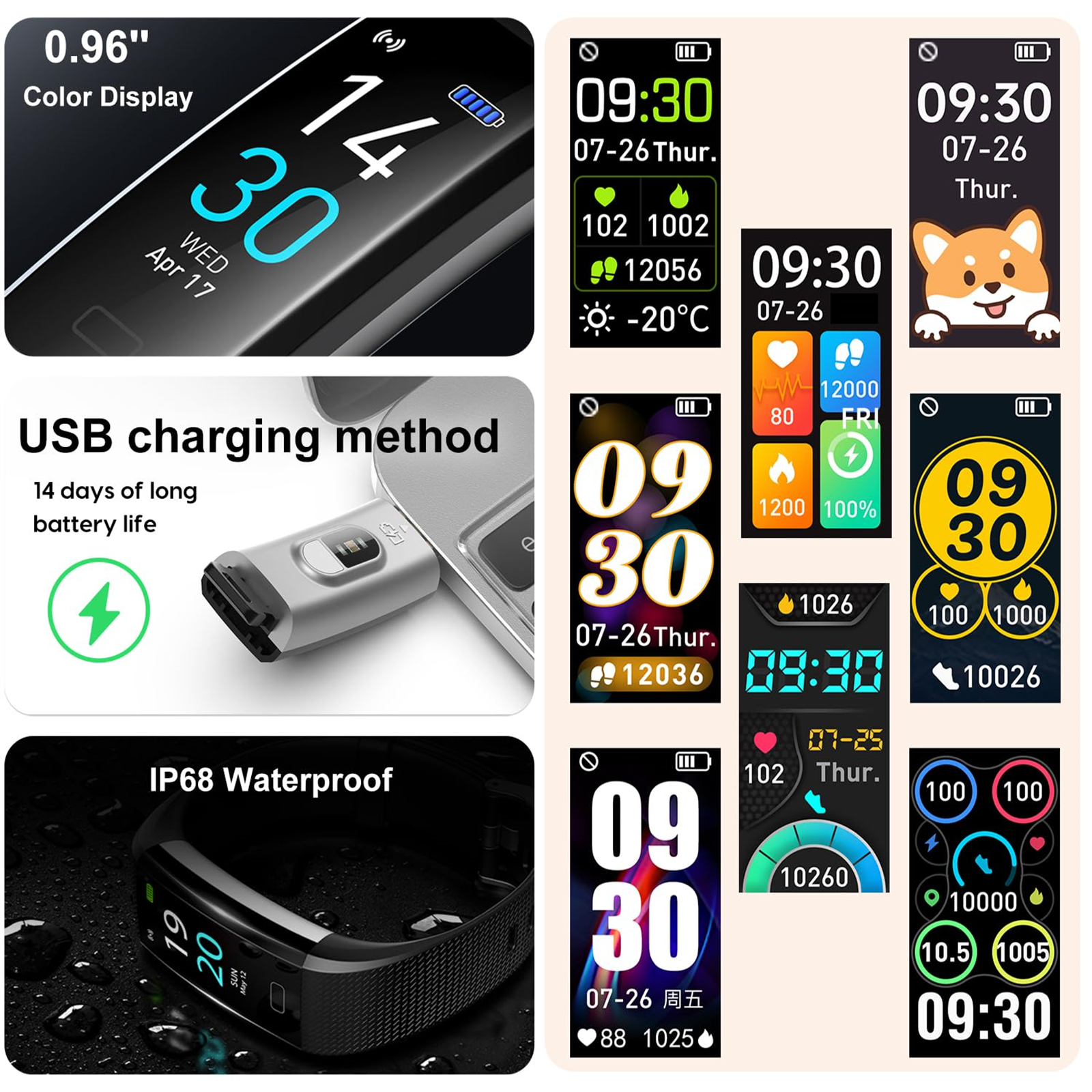 Ein Smartwatch-Display mit verschiedenen Gesundheitsmetriken. Mehrere Bildschirme zeigen Zeit, Schritte und Herzfrequenz.