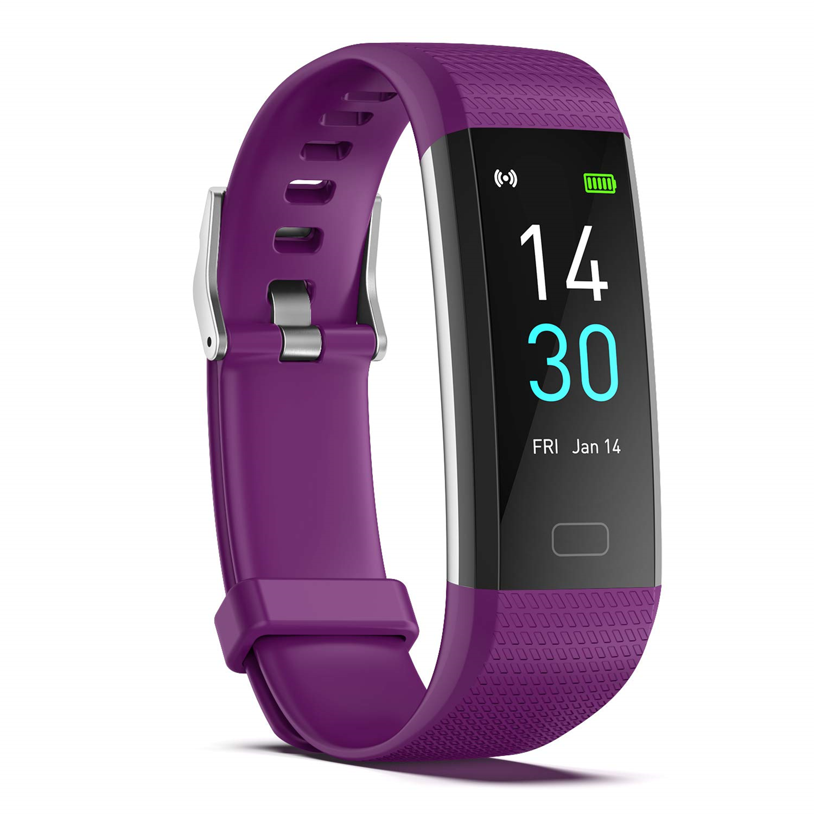 Violette Smartwatch mit schwarzem Bildschirm, der Zeit und Akku anzeigt.