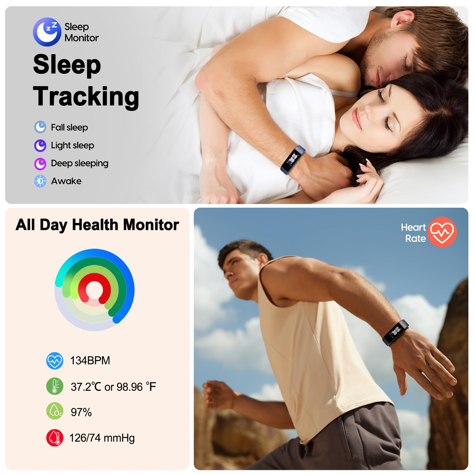 Zwei Bilder, die Schlaftracking und ganztägige Gesundheitsüberwachung zeigen. Ein Paar und ein Läufer sind zu sehen.