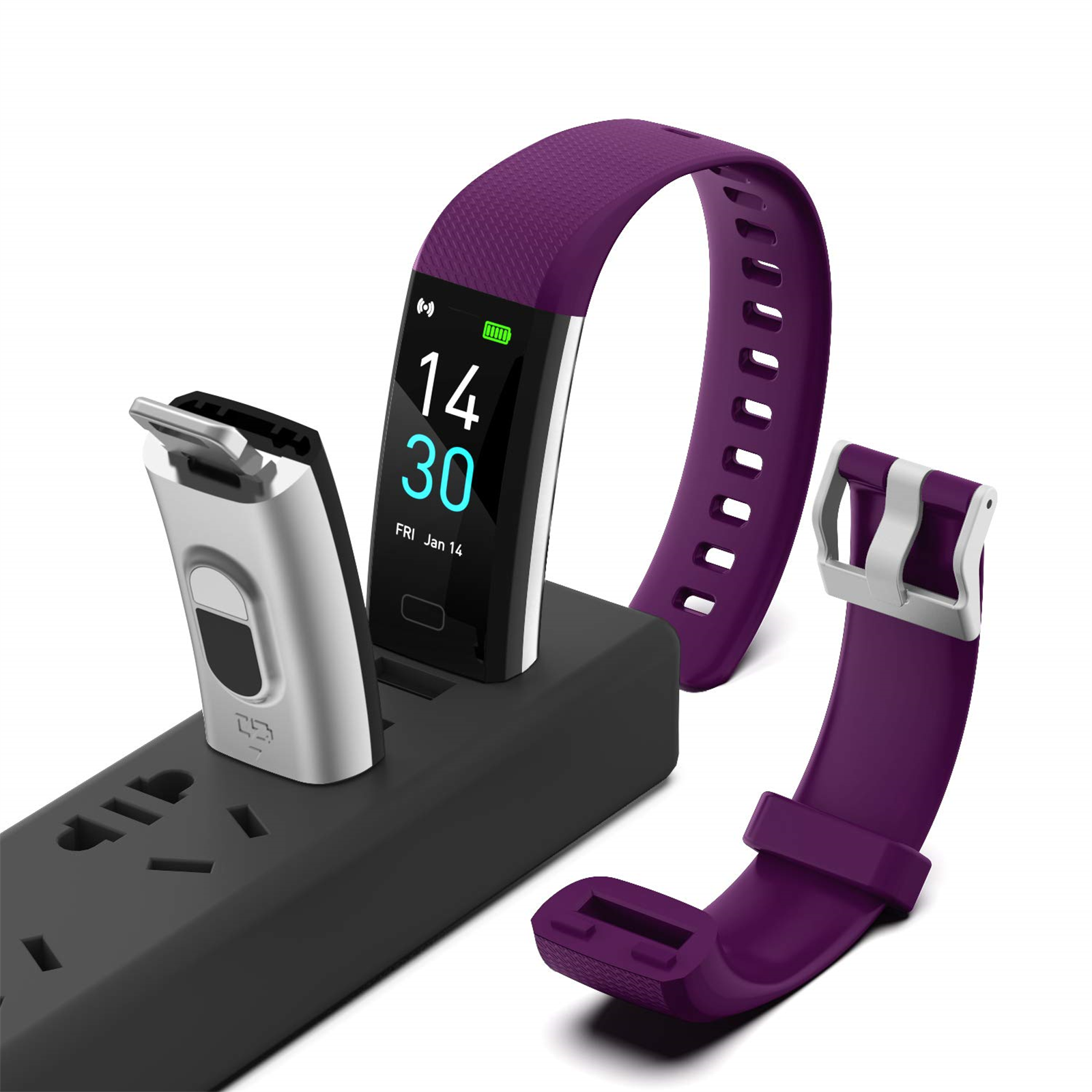 Lila Smartwatch und Armband neben Ladestation und separatem Armband.