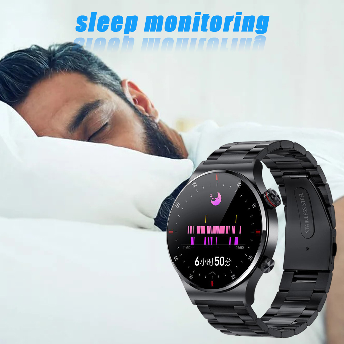 Mann mit Smartwatch, die Schlafdaten anzeigt. Text sagt 'Schlafüberwachung'. Die Uhr ist schwarz und metallisch.