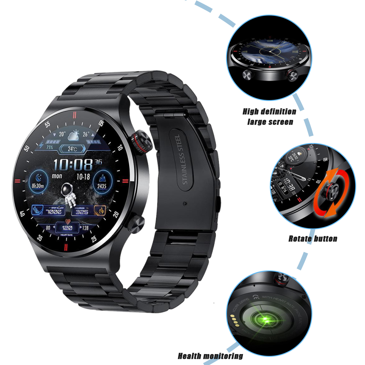 Schwarze Smartwatch mit großem Display und Details ihrer Funktionen. Edelstahlarmband.