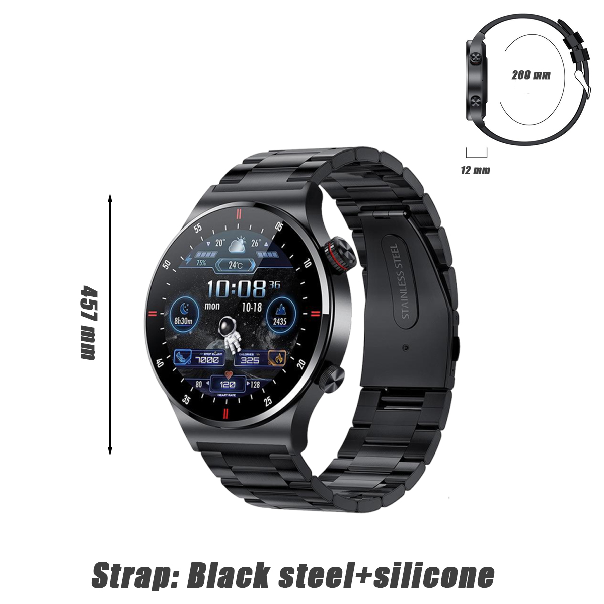 Schwarze Smartwatch mit Edelstahlarmband. Das Display zeigt Zeit und Statistiken, mit Messungen drumherum.