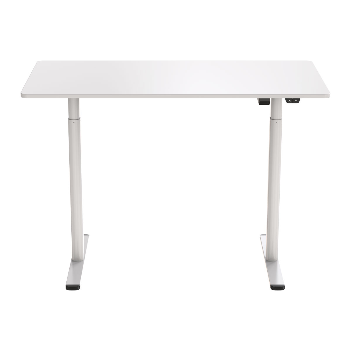 Białe biurko z regulacją wysokości, dwie nogi. Panel sterowania po prawej stronie.