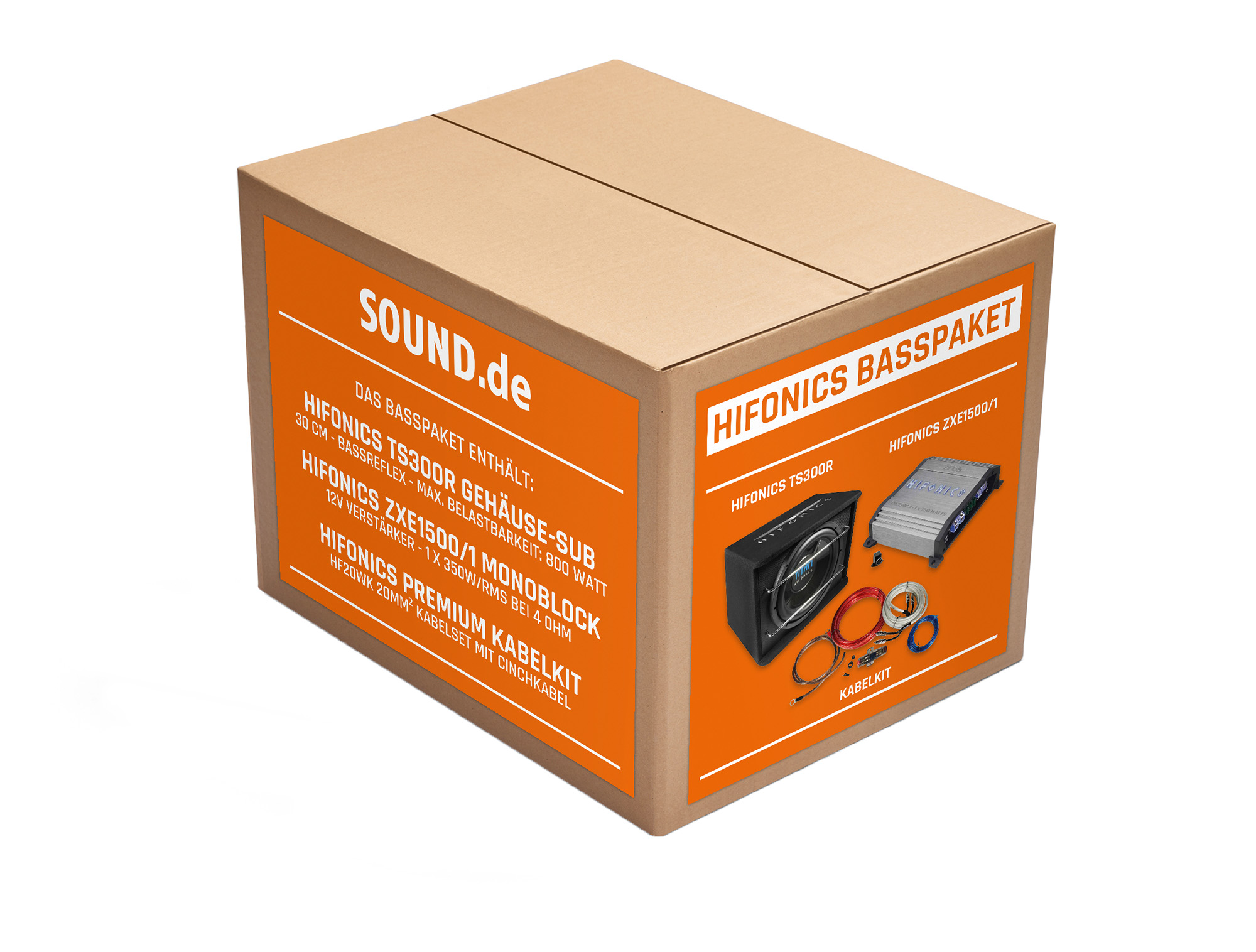 Ein Karton mit orangefarbenem Text und Bildern, beschriftet als "HIFONICS BASSPAKET".