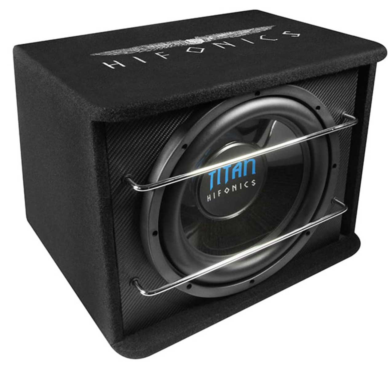 Schwarze Subwoofer-Box, silberne Stangen, Lautsprecher, schwarze Vorder- und Seiten, weißer Hintergrund.
