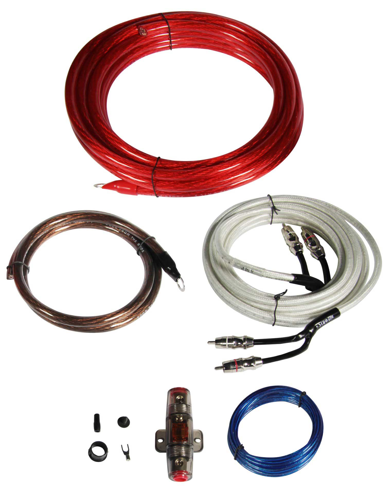 Verschiedene Auto-Audiokabel: rotes Stromkabel, braunes Massekabel, weiße Cinch-Kabel, blaues Lautsprecherkabel.