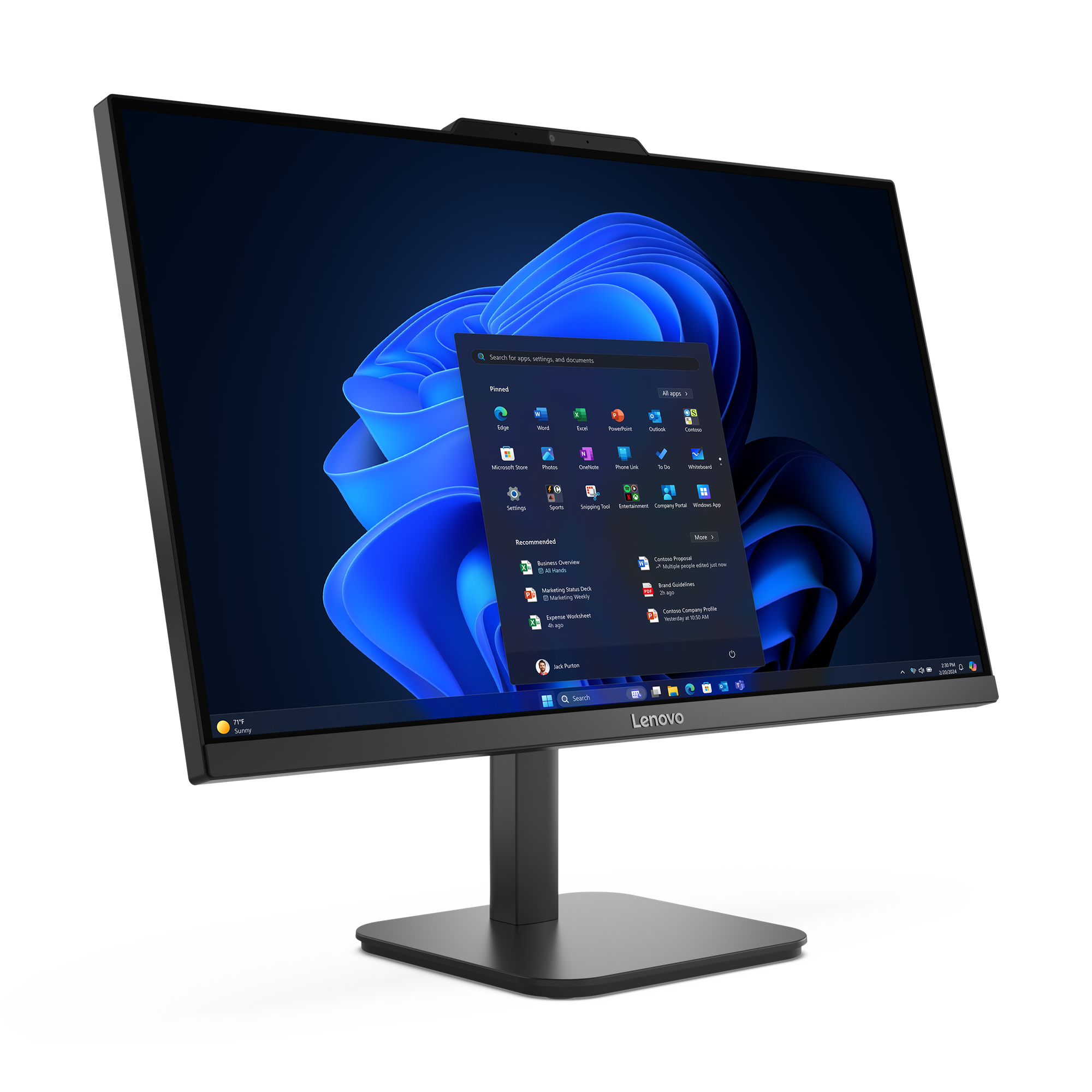 Czarny monitor Lenovo wyświetlający interfejs Windows, ze stojakiem.