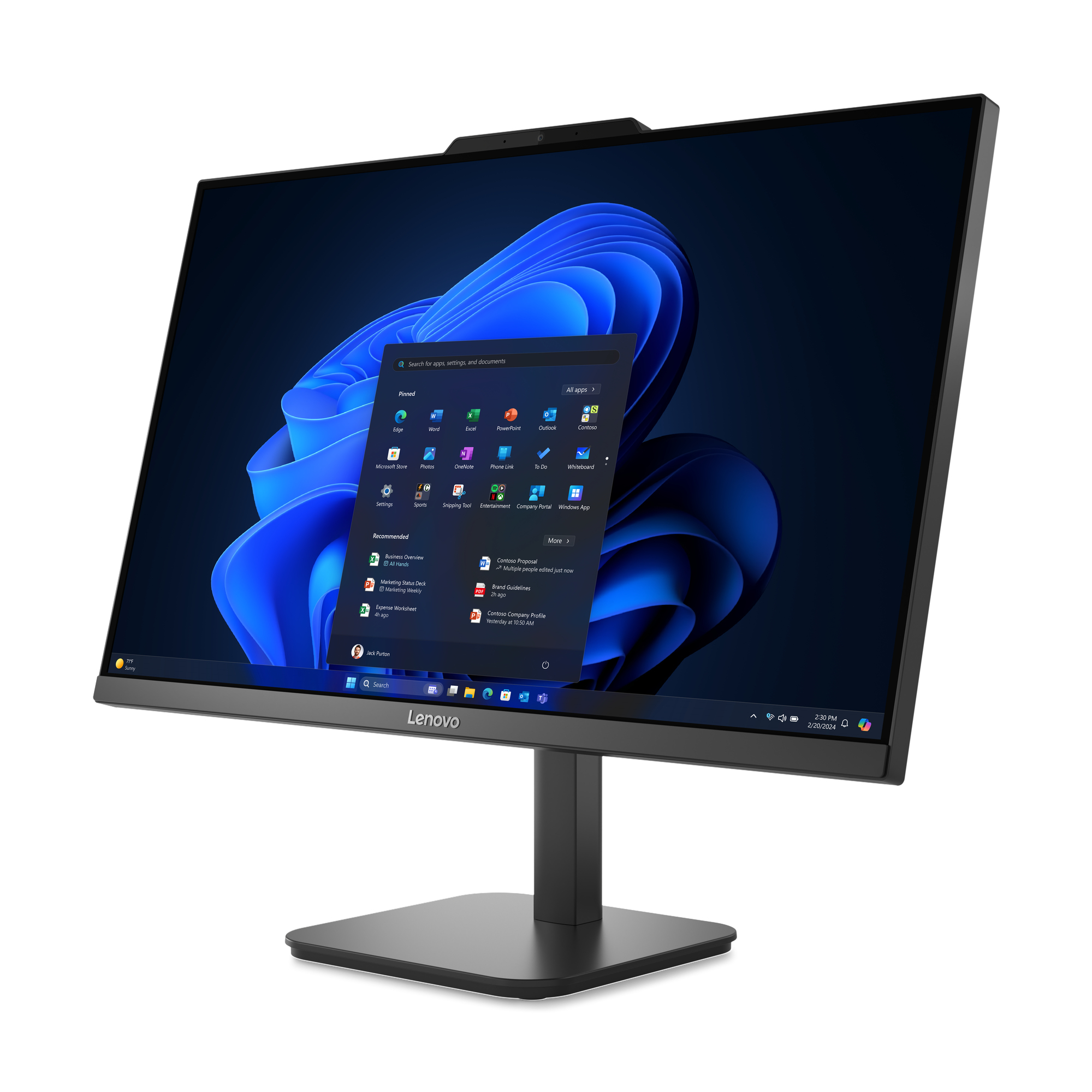 Czarny komputer Lenovo all-in-one na czarnej podstawie. Ekran wyświetla interfejs Windows.