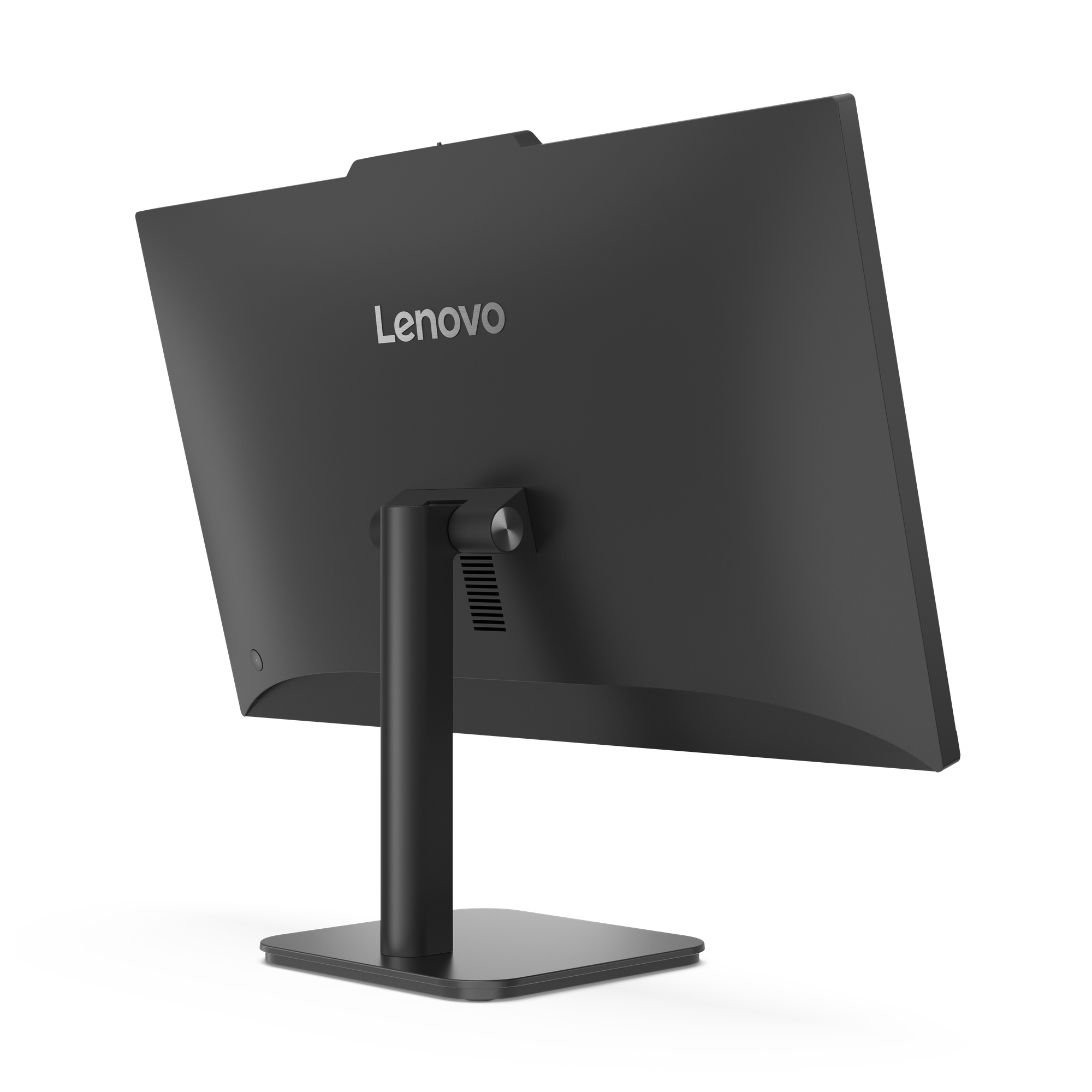 Tył czarnego monitora komputera z logo Lenovo i podstawką. Monitor jest lekko pochylony.