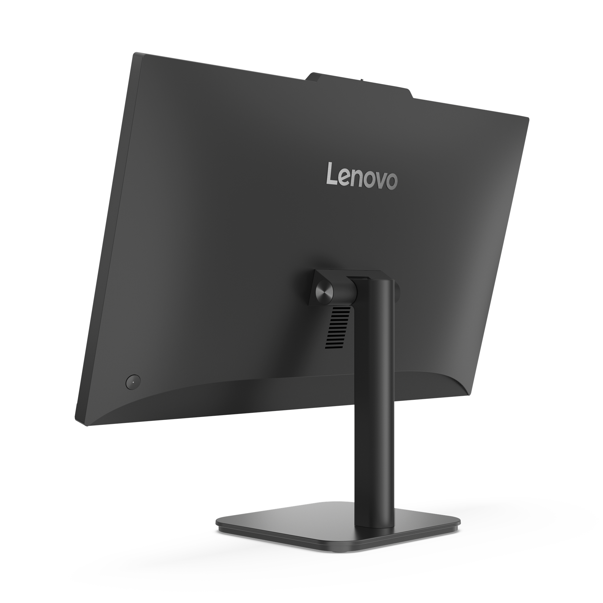 Czarny monitor Lenovo, widok z tyłu, na białym tle.