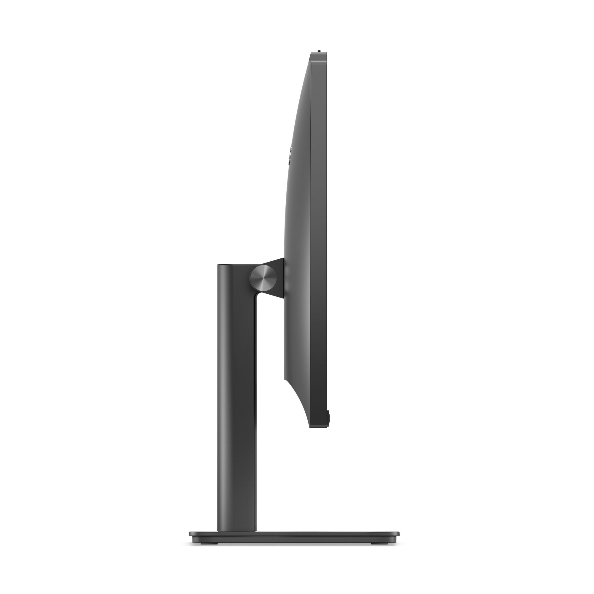 Widok z boku czarnego monitora na stojaku, wyświetlającego ciemny ekran.