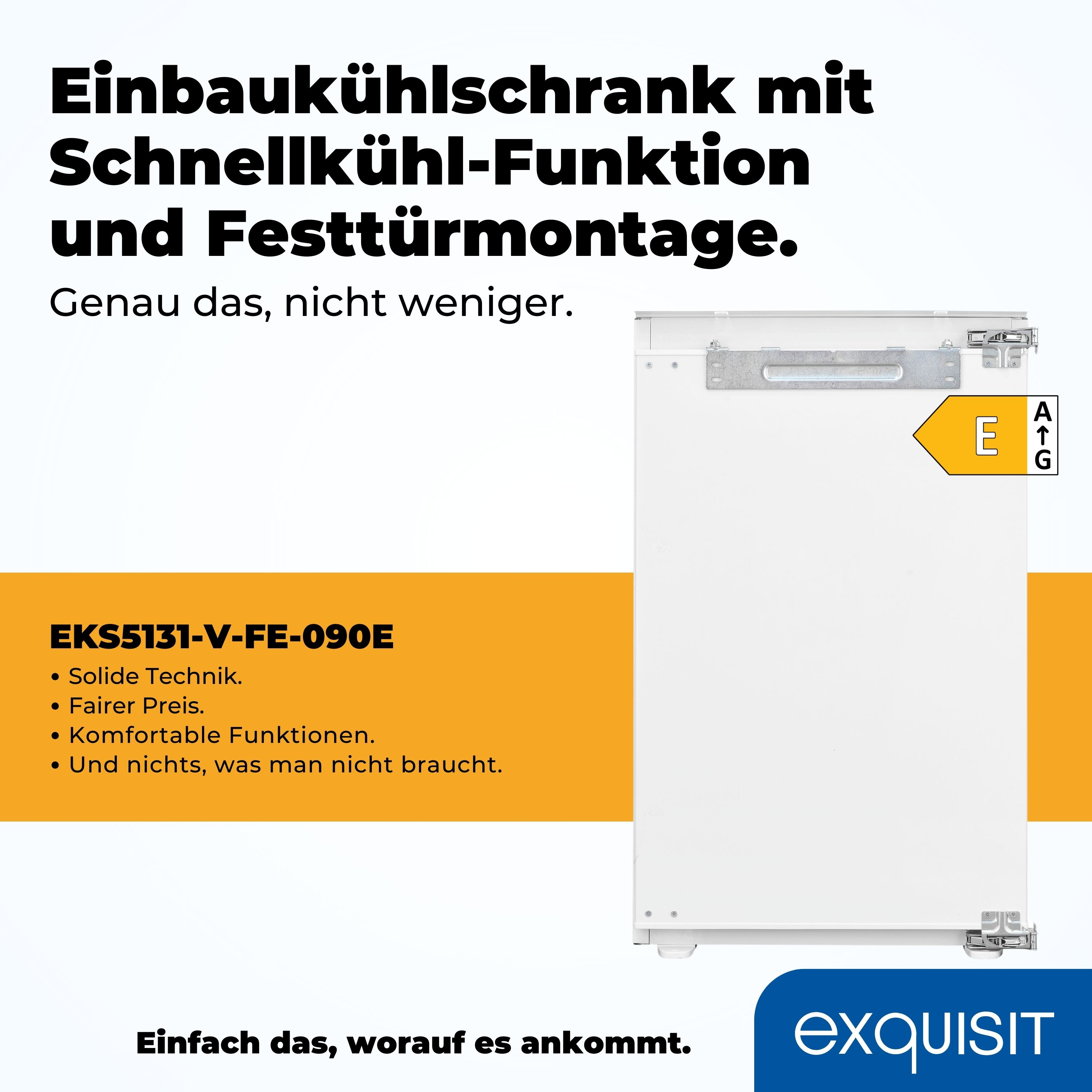 Ein weißer Kühlschrank mit deutschem Text. Er hat ein Energielabel. Der Text handelt von Funktionen.