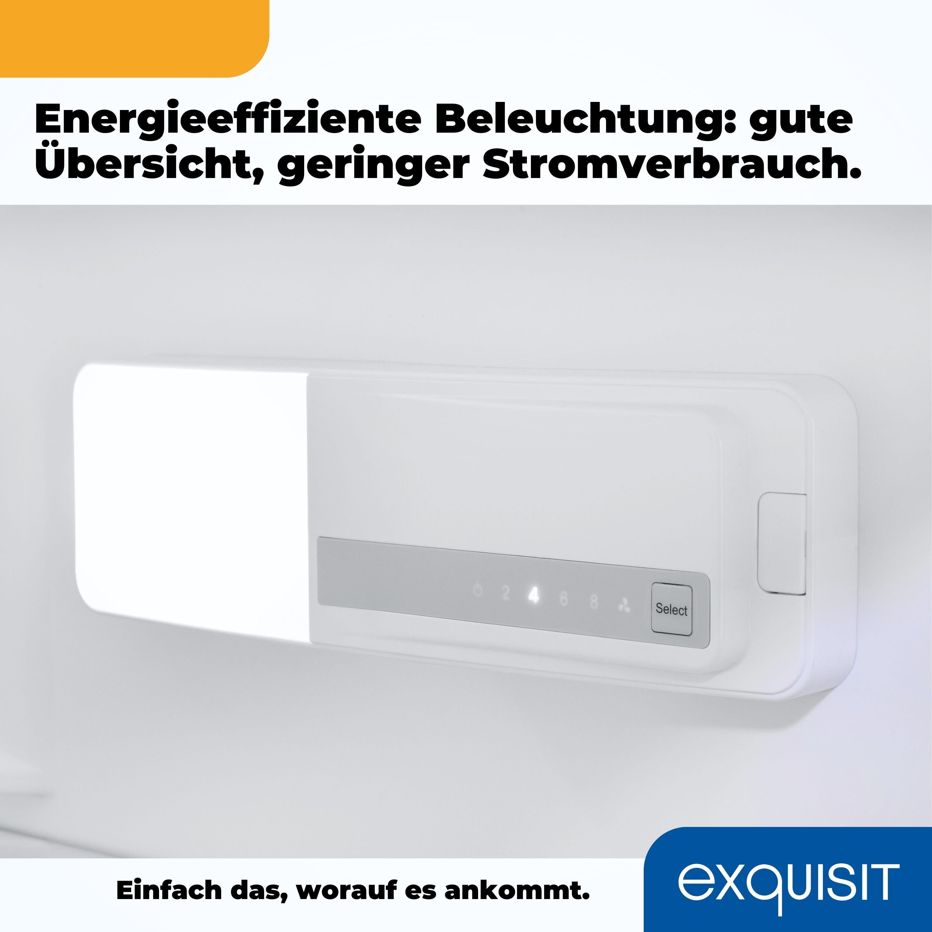 Weiße rechteckige Leuchte mit Digitalanzeige. Text oben erwähnt Energieeffizienz.