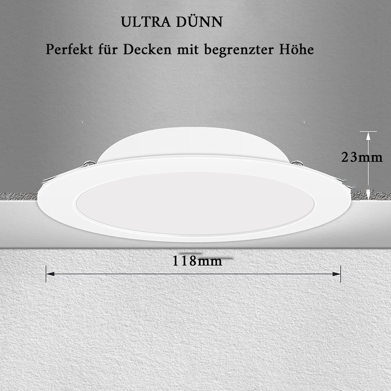 Weiße LED-Leuchte für die Decke, mit Abmessungen. Text: ULTRA DÜNN, perfekt für niedrige Decken.