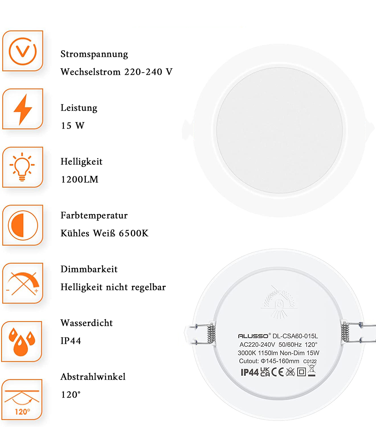Technische Details mit einem runden Paneellicht, mit Text und Symbolen.