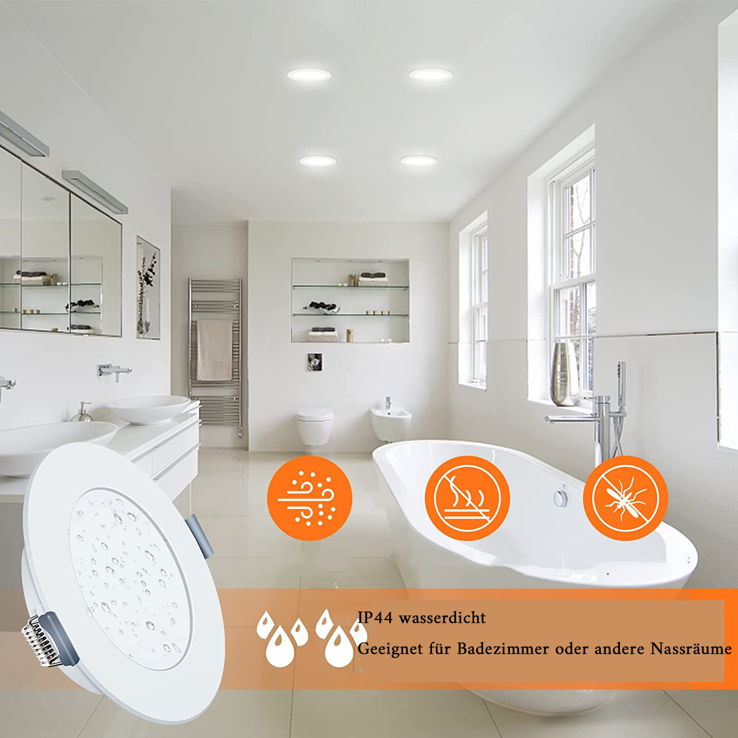 Badezimmer mit Lichtern, Badewanne, Waschbecken. Text: IP44 wasserdicht. Geeignet für Badezimmer oder Nassräume.