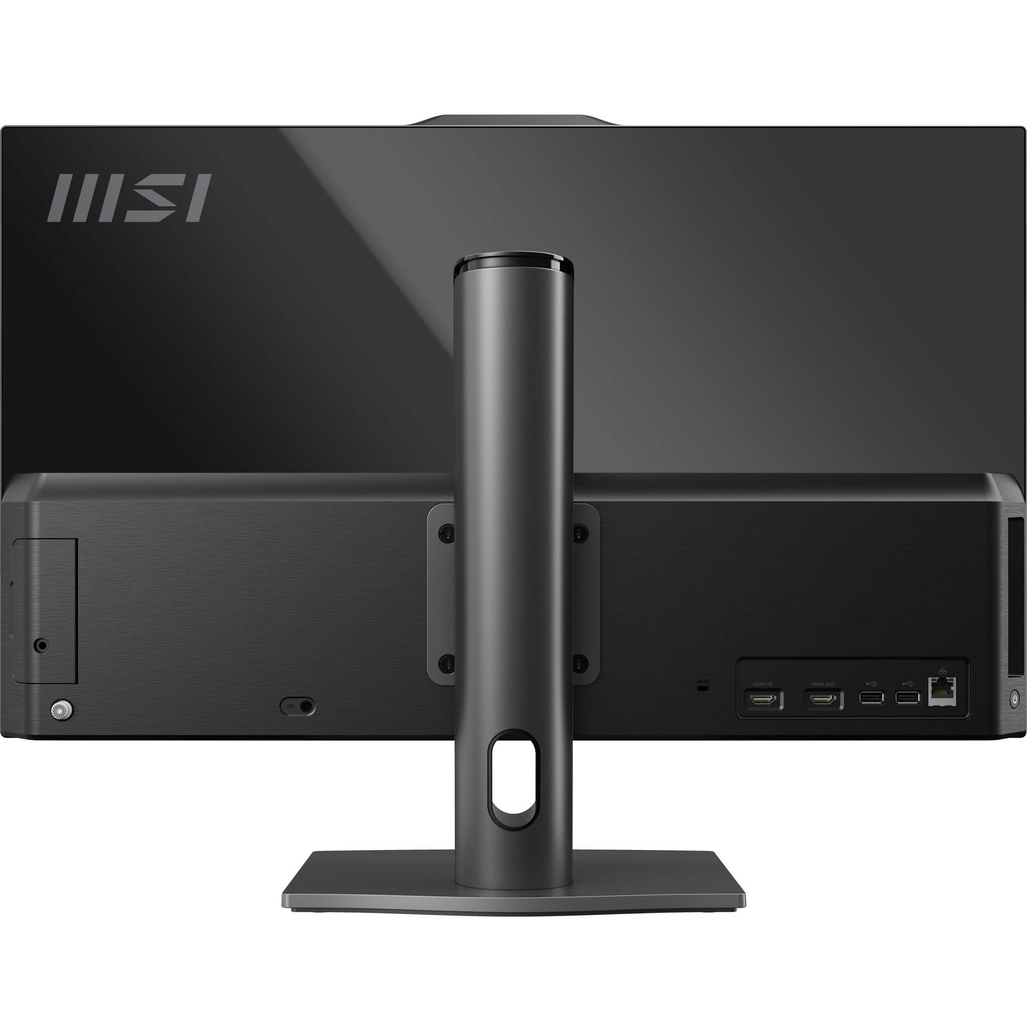 Tył czarnego monitora MSI z podstawą, pokazujący porty i logo MSI.