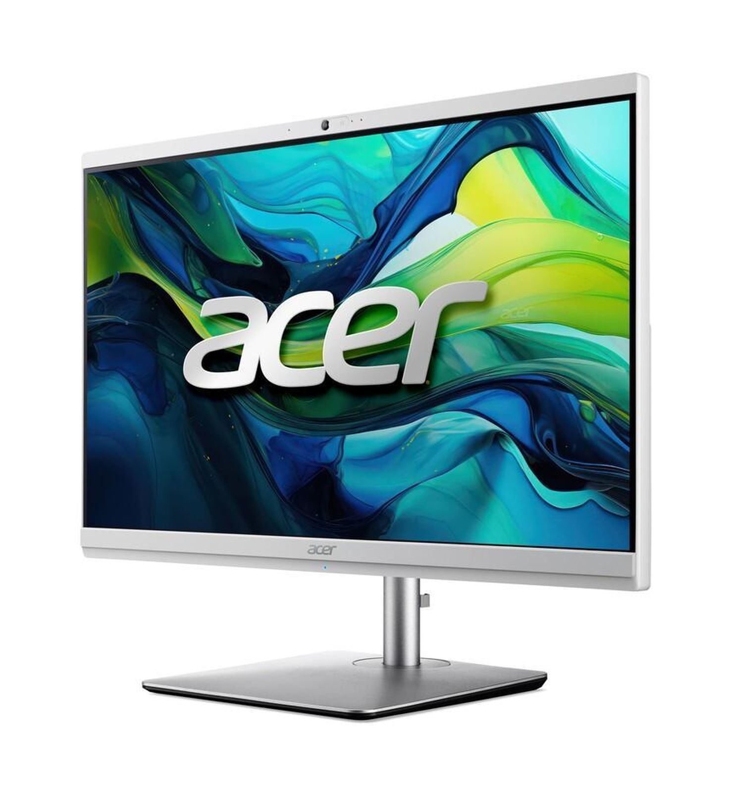 Un monitor Acer bianco con supporto argentato, che mostra un'immagine astratta colorata sullo schermo.