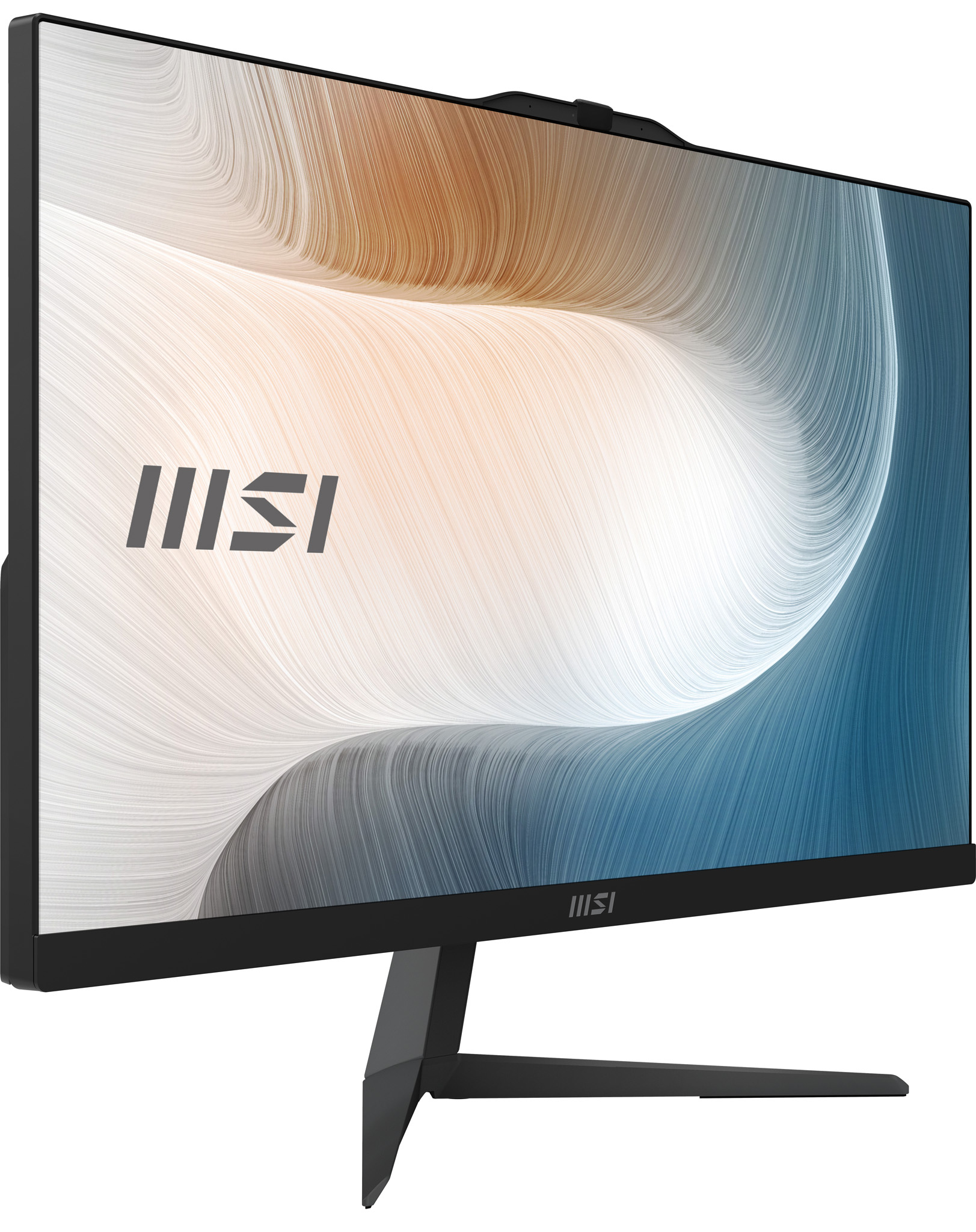 Un monitor per computer nero con schermo curvo, webcam e supporto, su sfondo bianco.