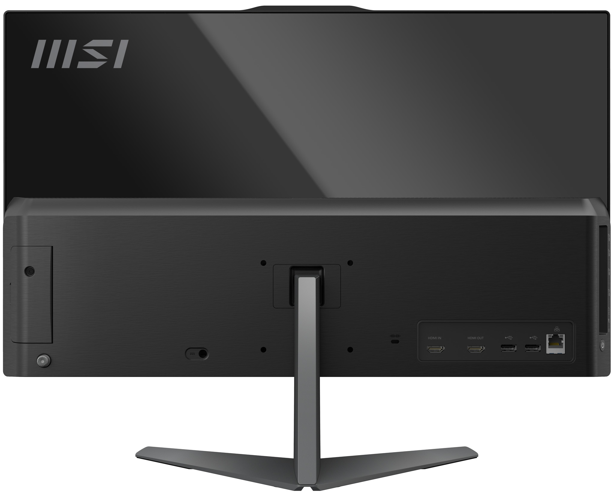 Monitor del computer nero con logo MSI. Il supporto è argentato. Il retro ha porte.