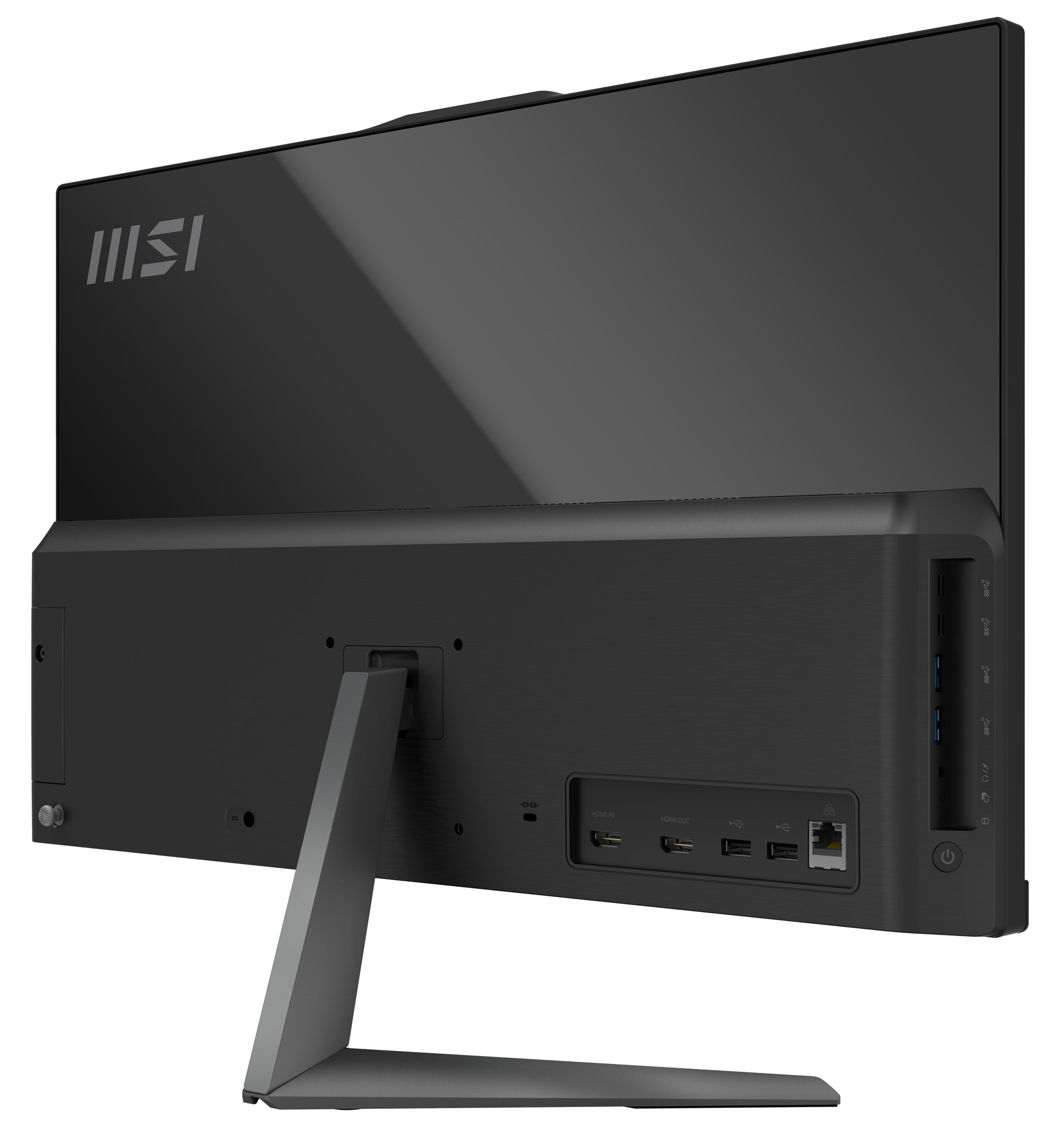 Retro di un computer MSI all-in-one nero con porte e supporto.