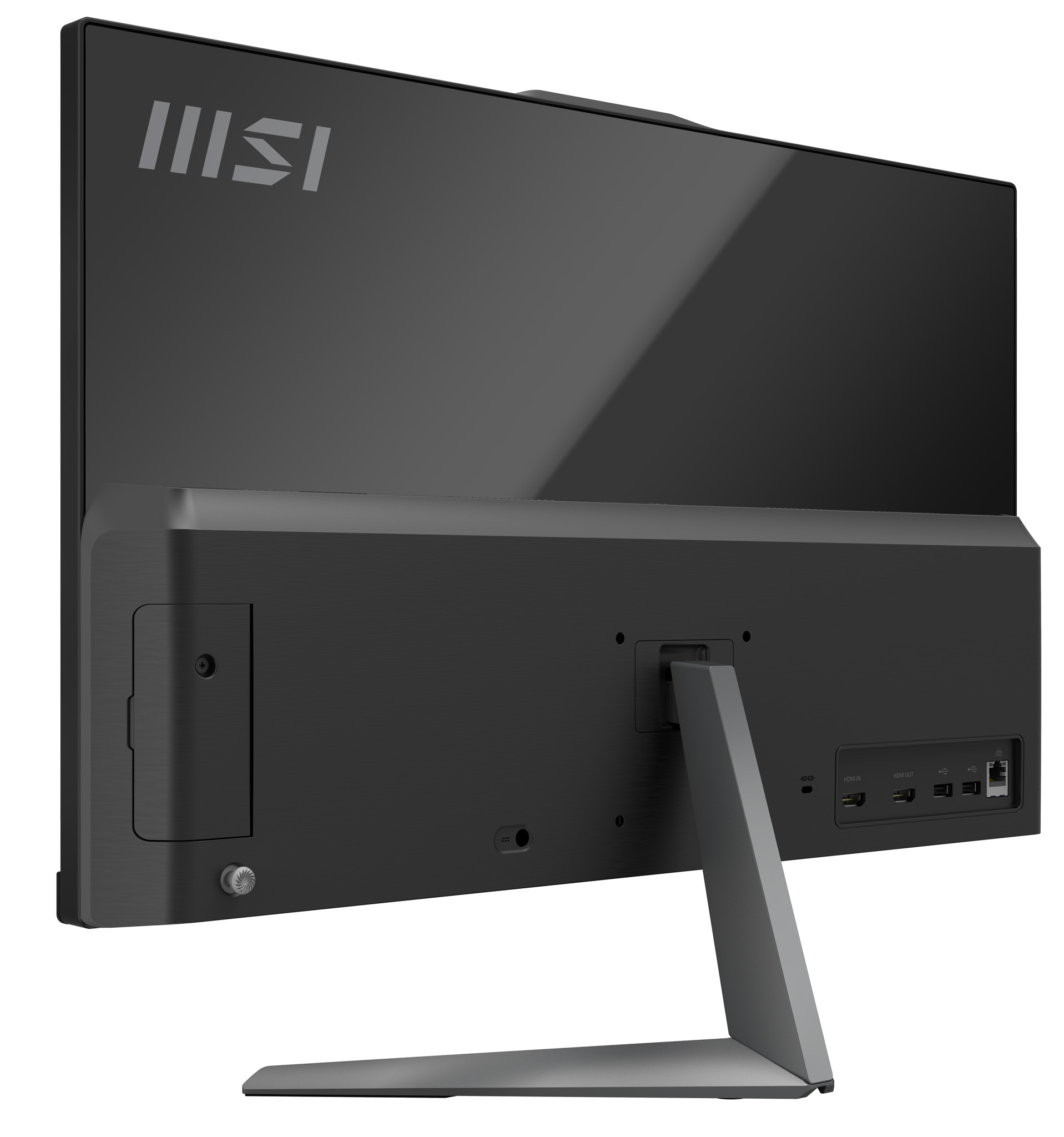 Monitor per computer nero con supporto argentato. Il retro del monitor è visibile.