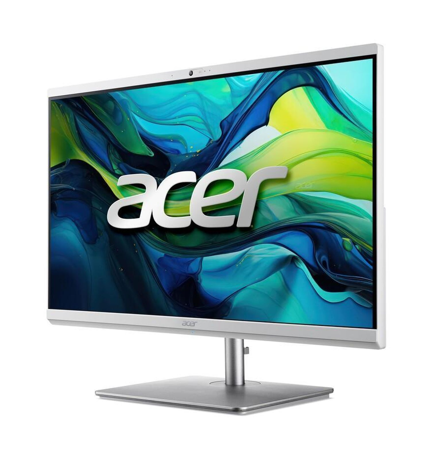 Biały monitor Acer, widok z boku, kolorowe tło, widoczne logo Acer.