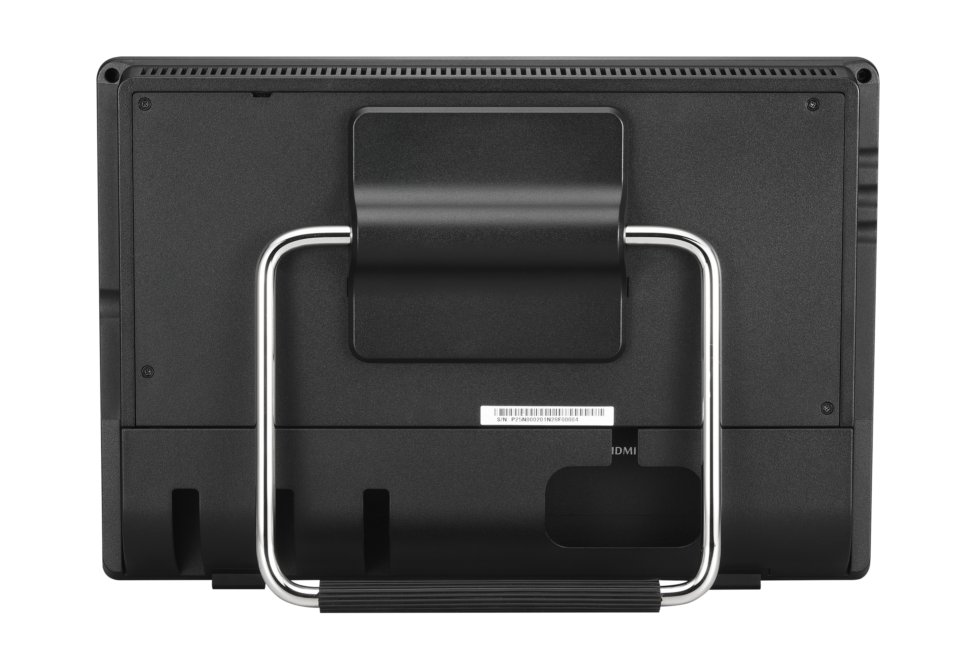 Tył czarnego monitora komputerowego. Posiada podstawkę z portem HDMI i etykietą numeru seryjnego.