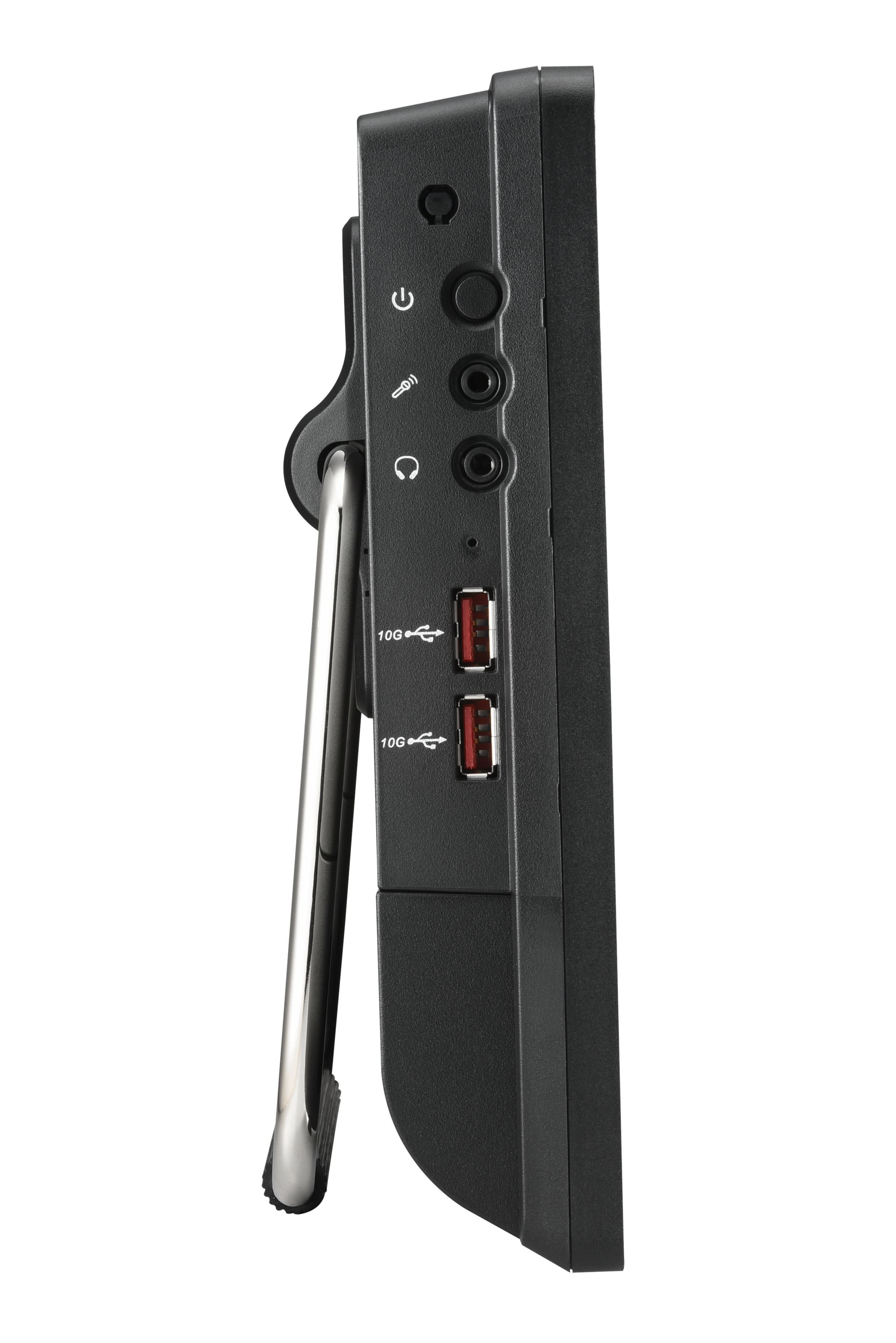 Widok z boku czarnego monitora komputera z portami.